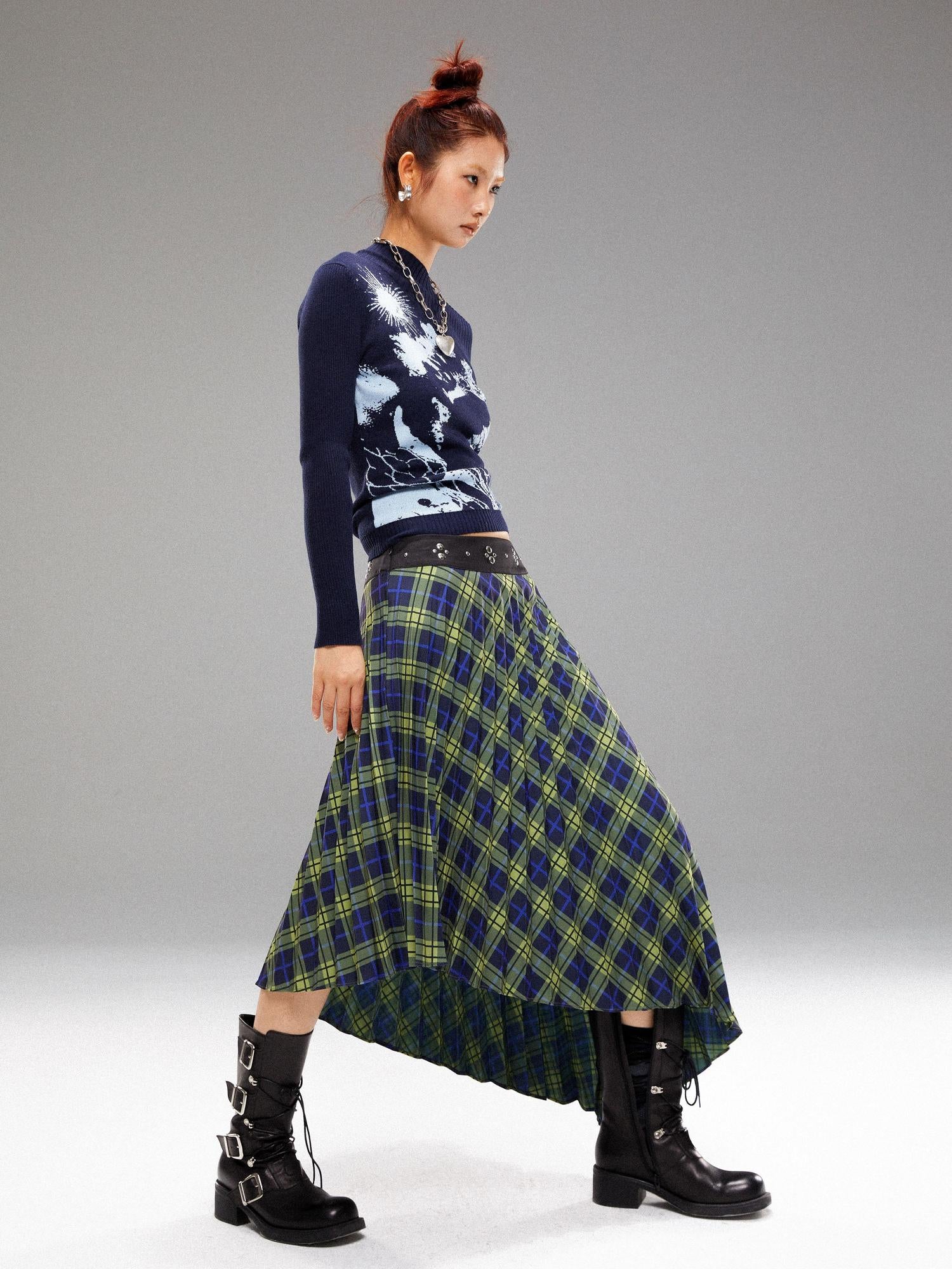 YOSHUYUKI Vintage Blue Green Tartan Skirt with Studded Waist Asymmetrical Hem