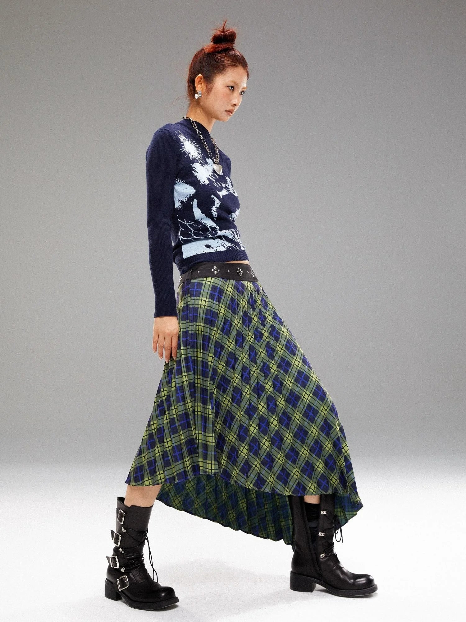 Vintage Blue Green Tartan Skirt with Studded Waist Asymmetrical Hem