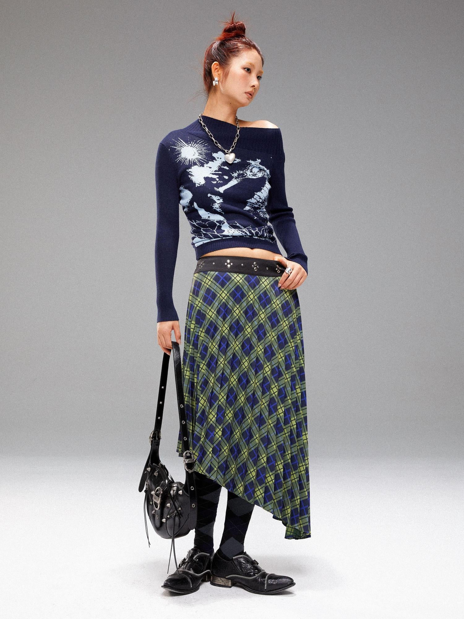 YOSHUYUKI Vintage Blue Green Tartan Skirt with Studded Waist Asymmetrical Hem