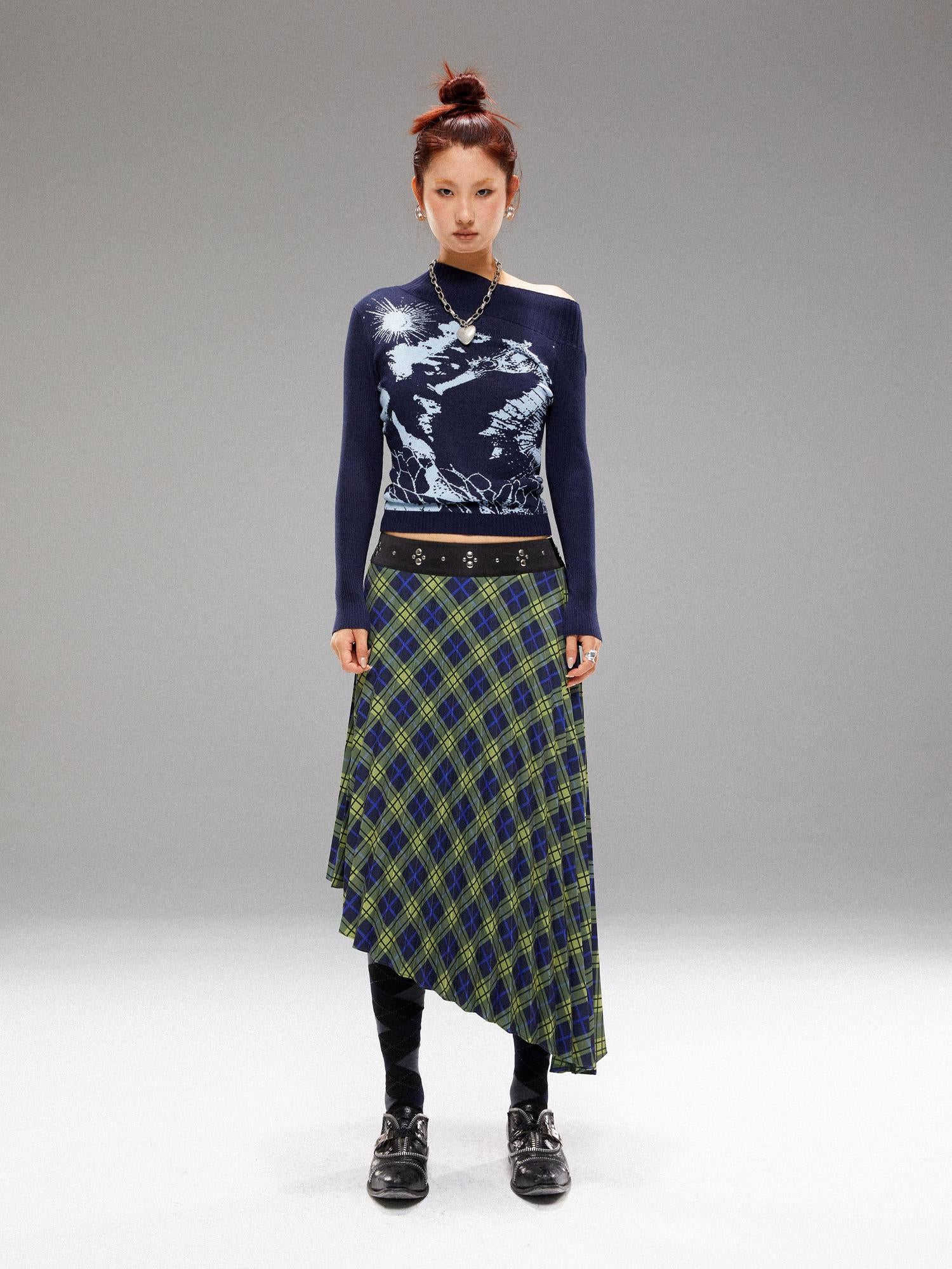 YOSHUYUKI Vintage Blue Green Tartan Skirt with Studded Waist Asymmetrical Hem