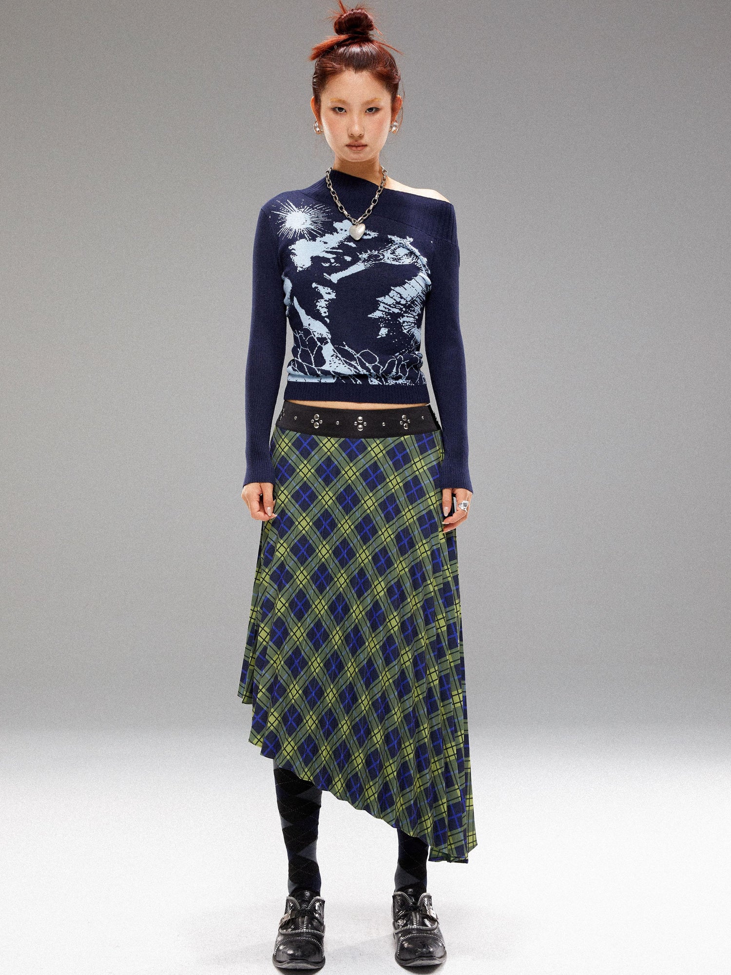 YOSHUYUKI Vintage Blue Green Tartan Skirt with Studded Waist Asymmetrical Hem