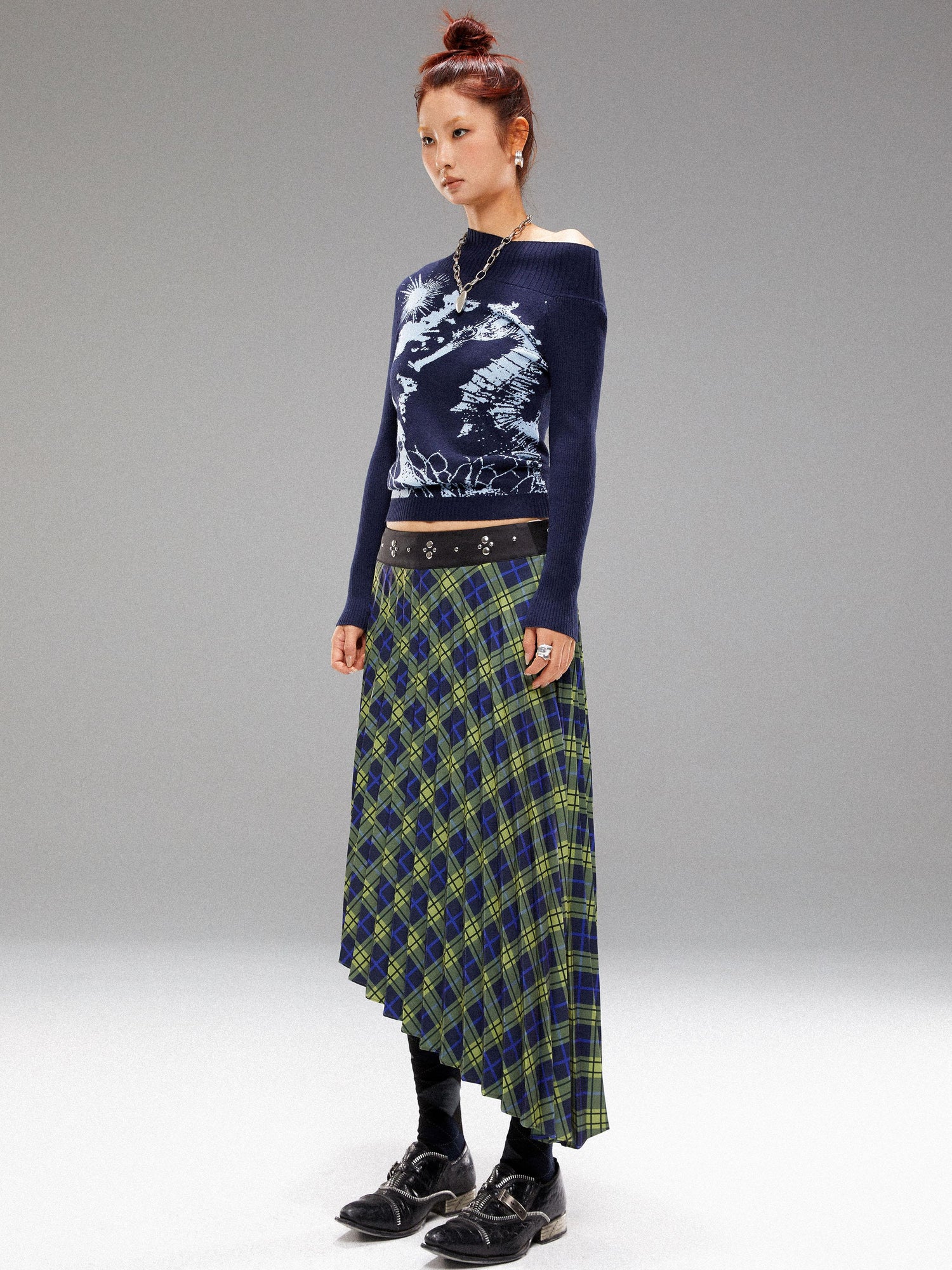 YOSHUYUKI Vintage Blue Green Tartan Skirt with Studded Waist Asymmetrical Hem