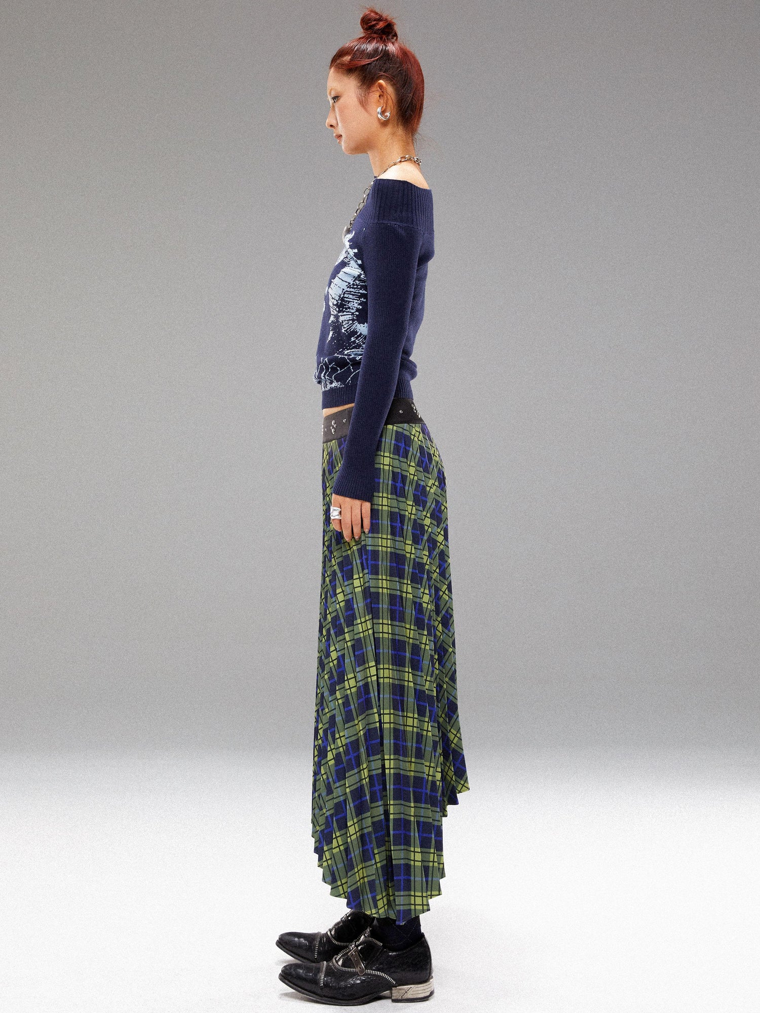 YOSHUYUKI Vintage Blue Green Tartan Skirt with Studded Waist Asymmetrical Hem