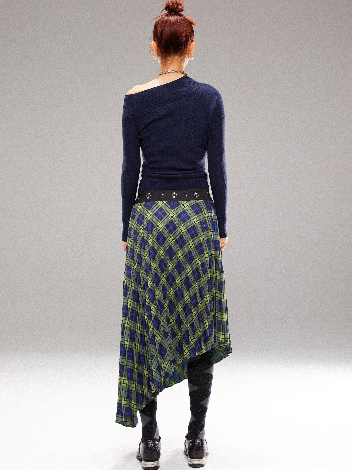 YOSHUYUKI Vintage Blue Green Tartan Skirt with Studded Waist Asymmetrical Hem