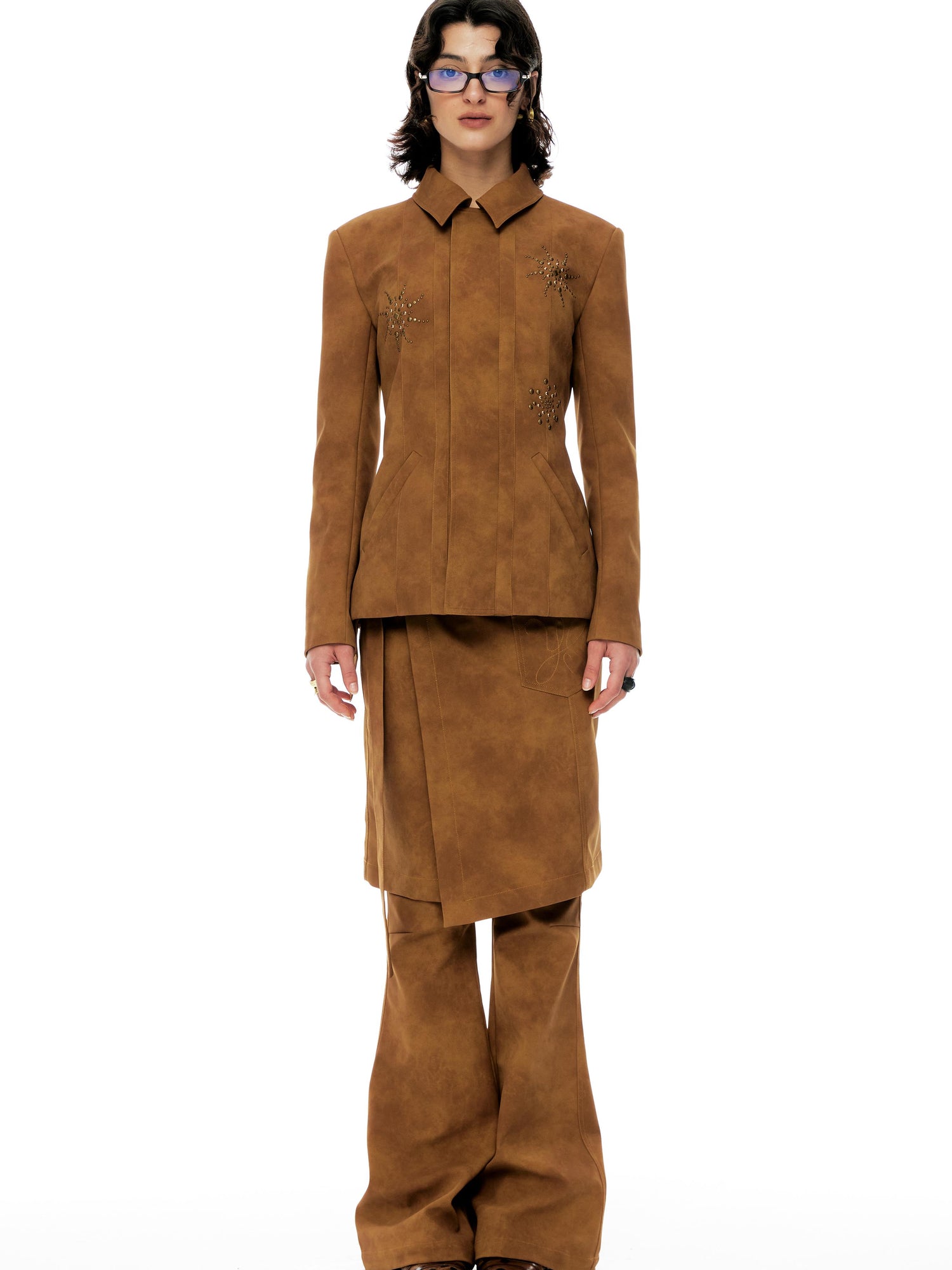 YOSHUYUKI Vintage Bronze Diamond Embellished Suede Cropped Jacket