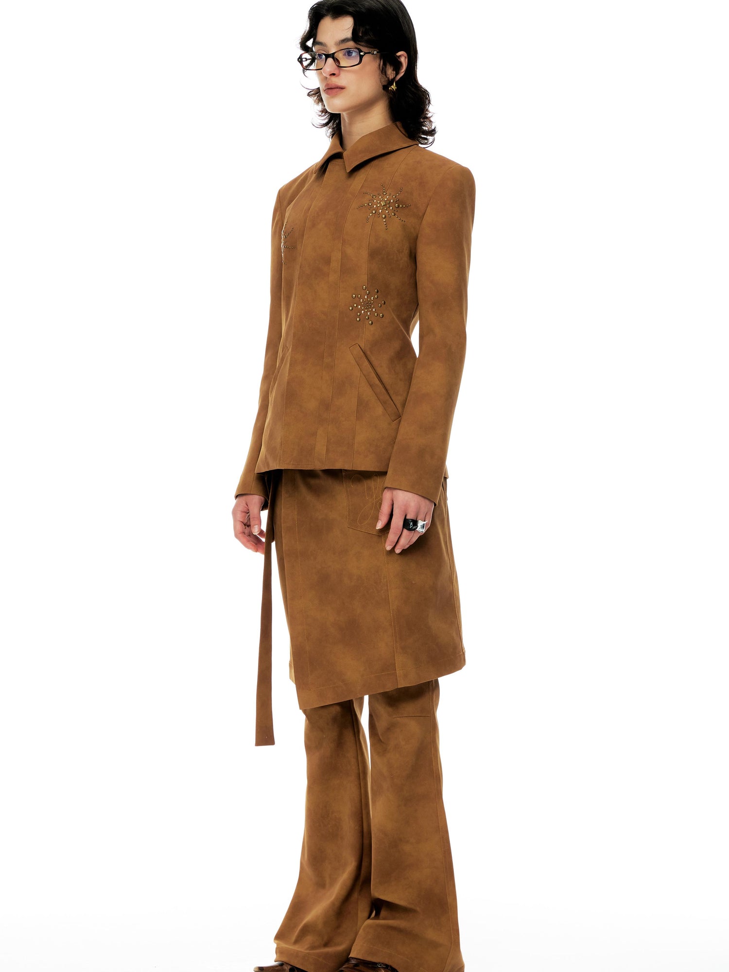 YOSHUYUKI Vintage Bronze Diamond Embellished Suede Cropped Jacket
