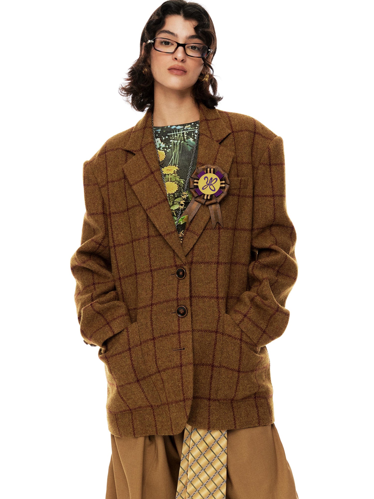 YOSHUYUKI Vintage Brown Check Wool Suit Jacket