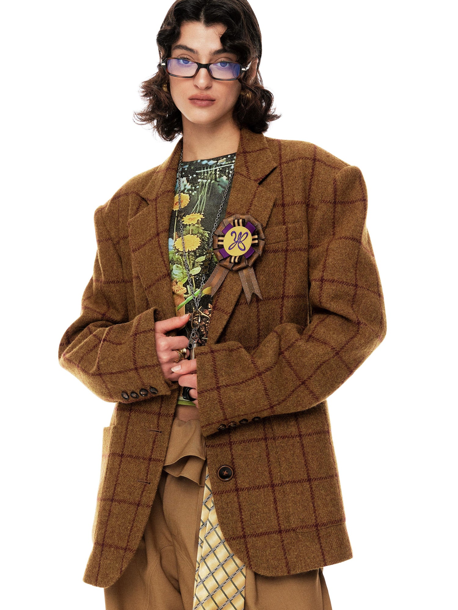 YOSHUYUKI Vintage Brown Check Wool Suit Jacket