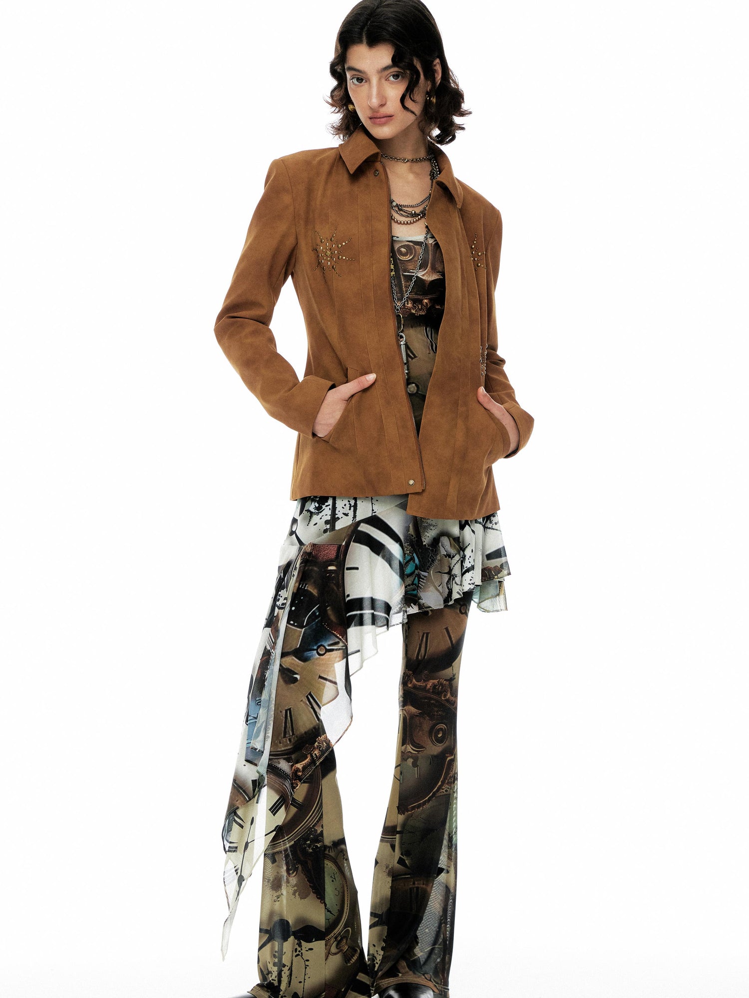 Vintage Clock Print Flared Mesh Stretch Pants