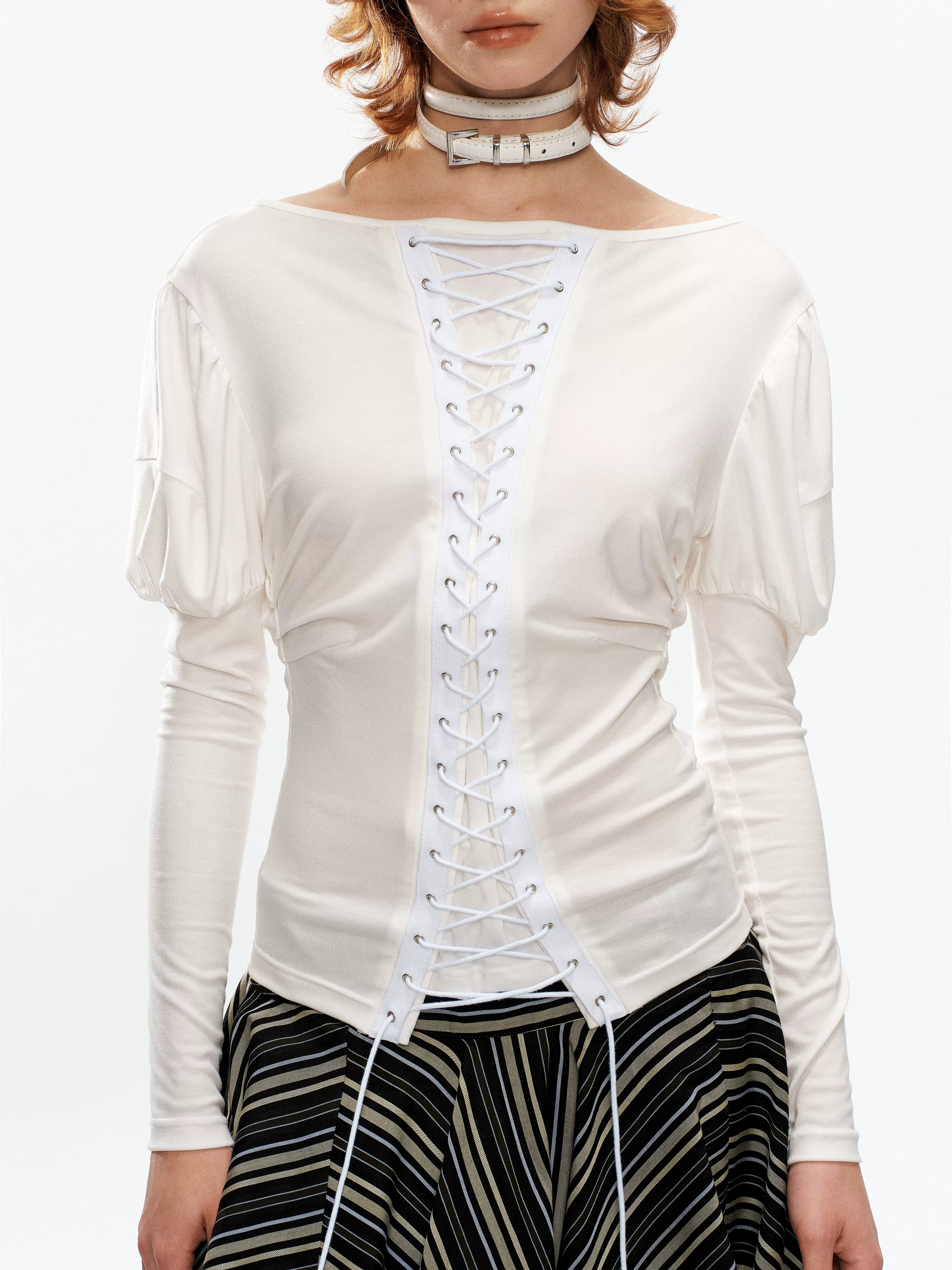 YOSHUYUKI Vintage Court Lace Up Bardot Women&