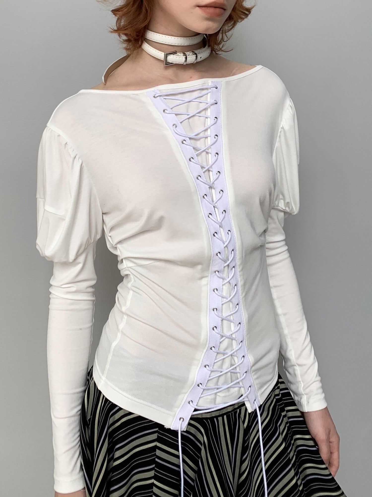 YOSHUYUKI Vintage Court Lace Up Bardot Women&