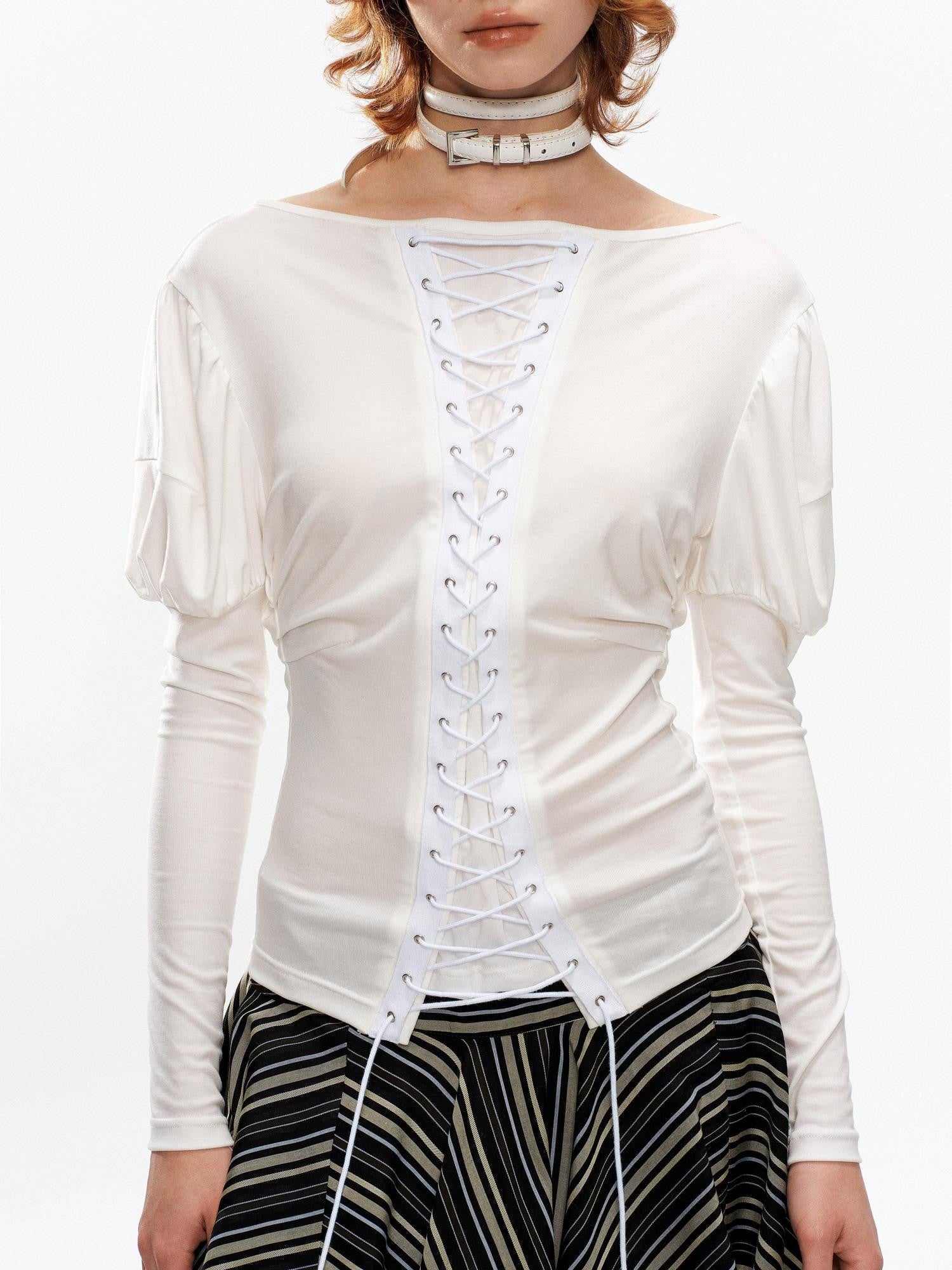 YOSHUYUKI Vintage Court Lace Up Bardot Women&