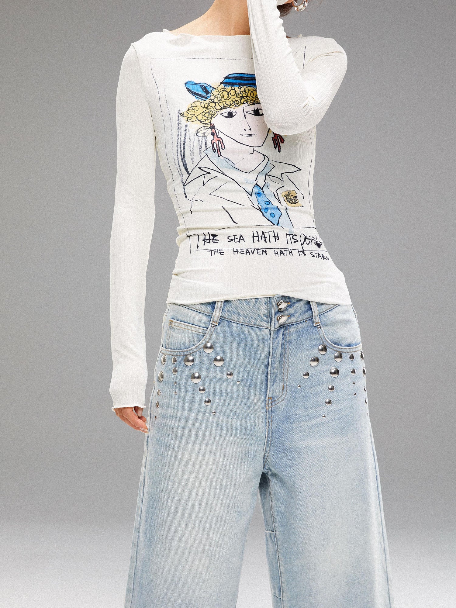 YOSHUYUKI Vintage Navy Art Print Knit Top