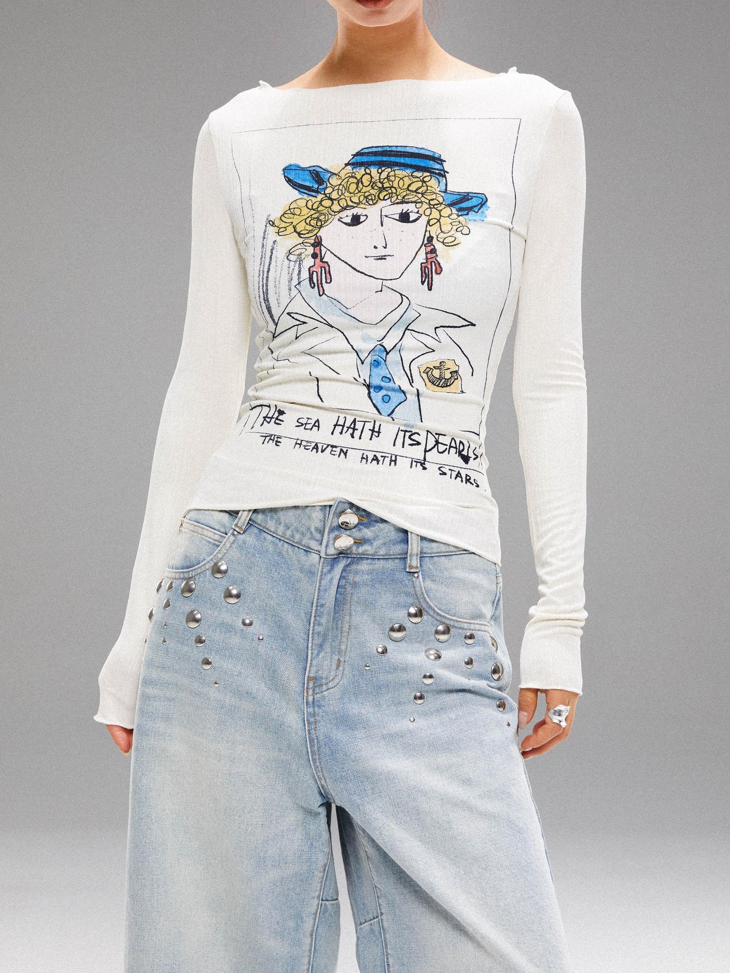 YOSHUYUKI Vintage Navy Art Print Knit Top