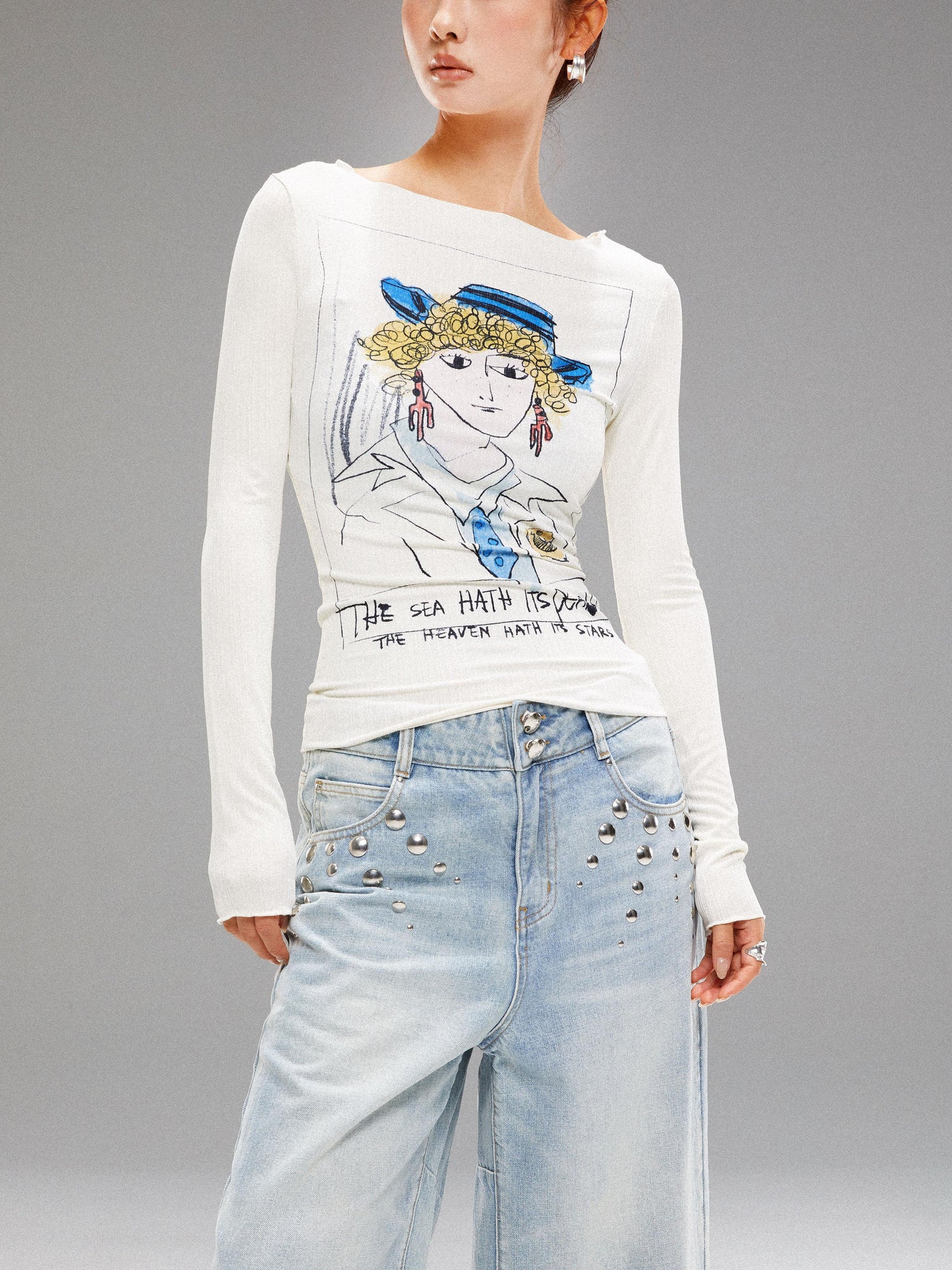 YOSHUYUKI Vintage Navy Art Print Knit Top