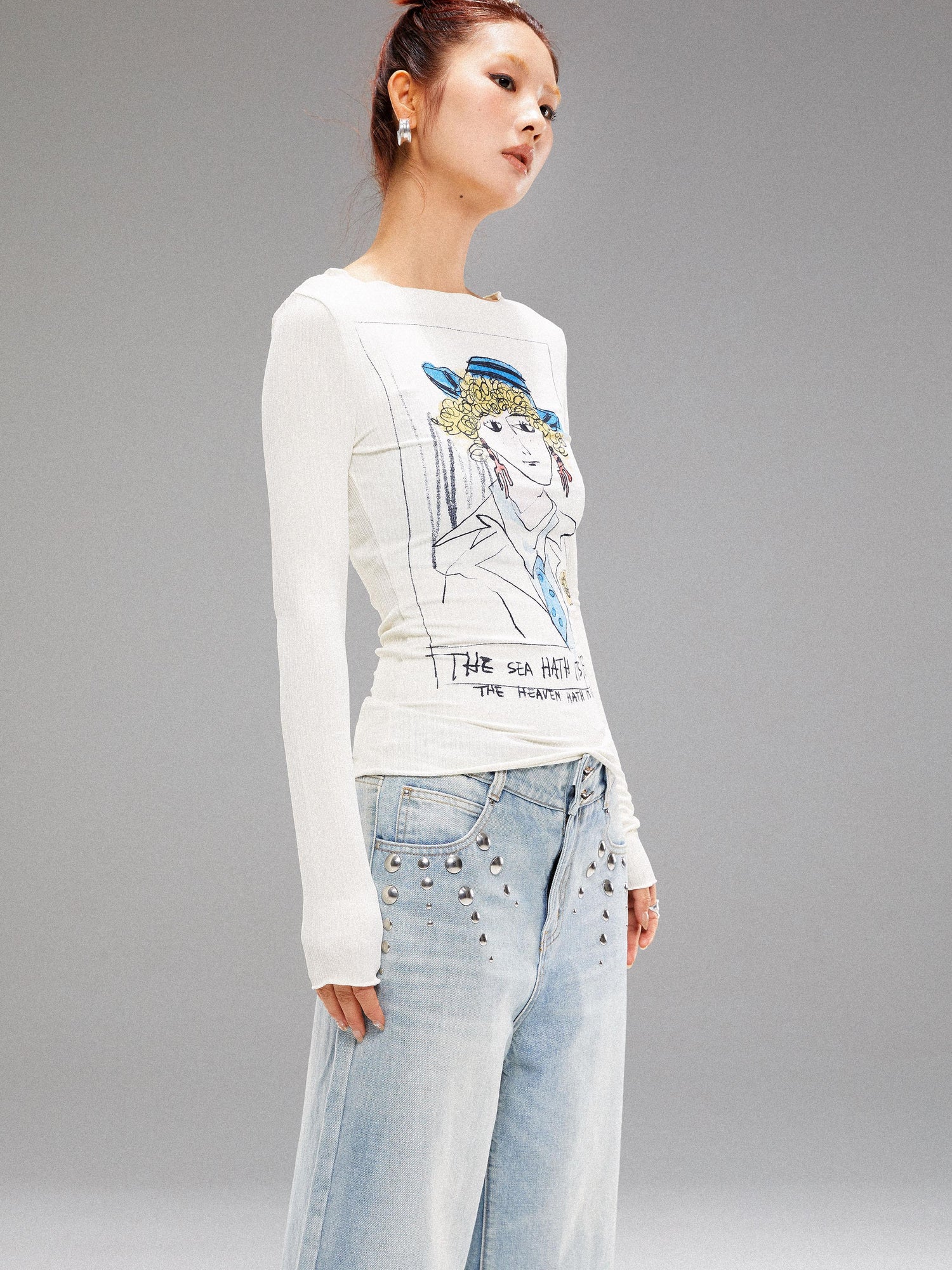 YOSHUYUKI Vintage Navy Art Print Knit Top