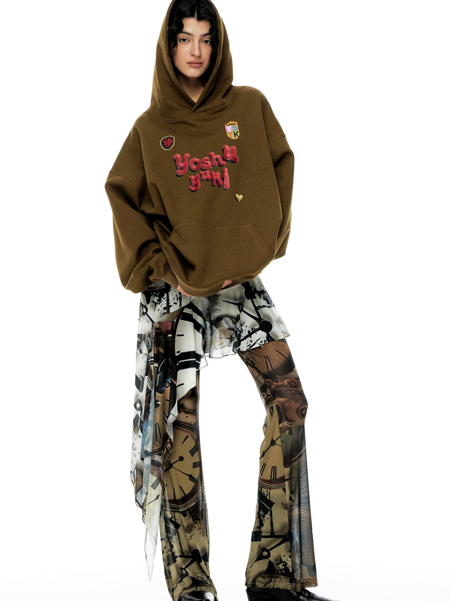 YOSHUYUKI Vintage Oversized Army Green Hoodie With Graphic Print