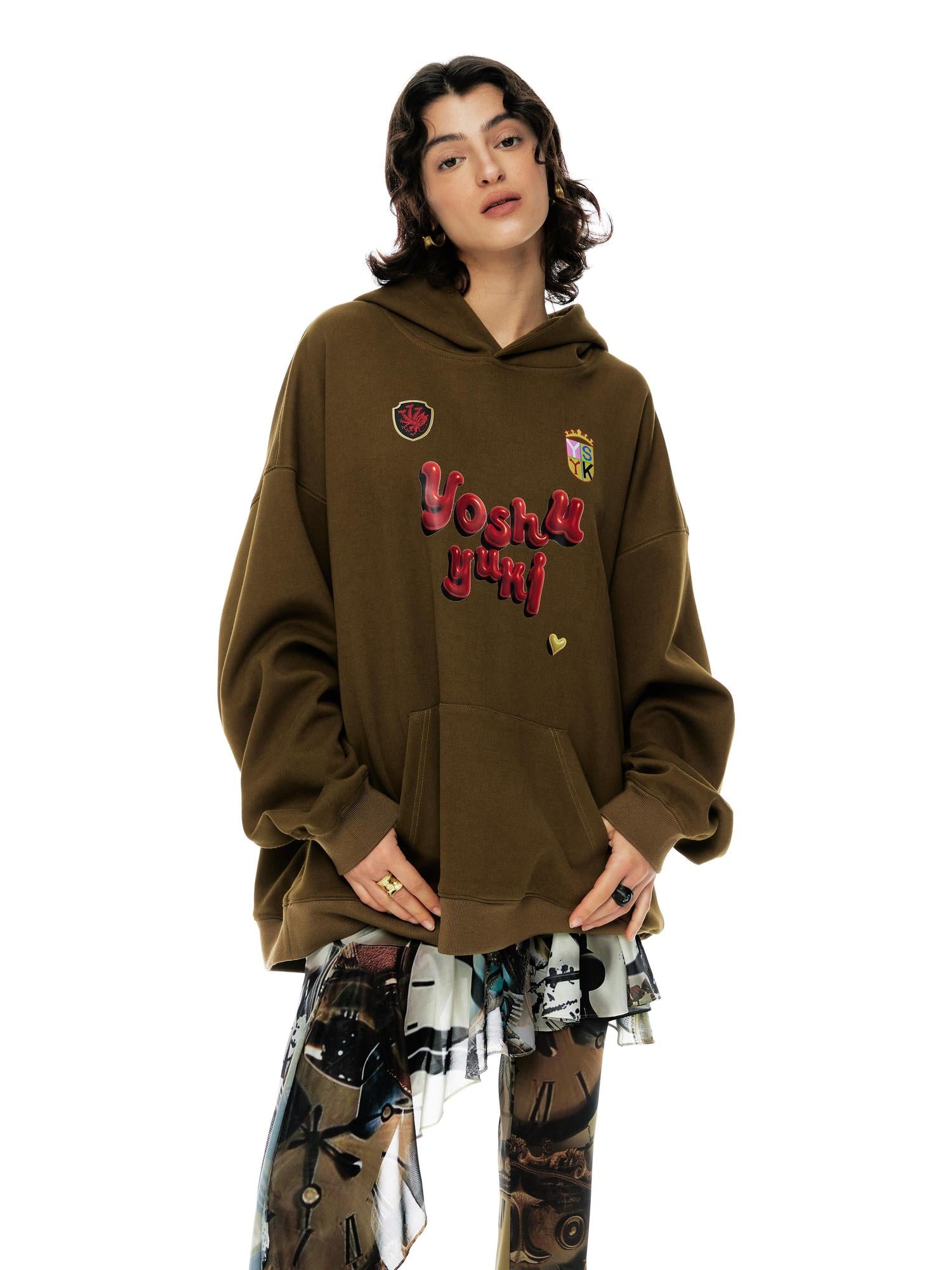 YOSHUYUKI Vintage Oversized Army Green Hoodie With Graphic Print