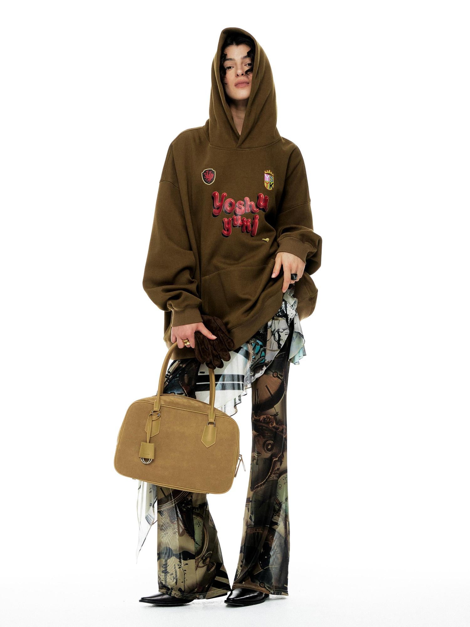 YOSHUYUKI Vintage Oversized Army Green Hoodie With Graphic Print