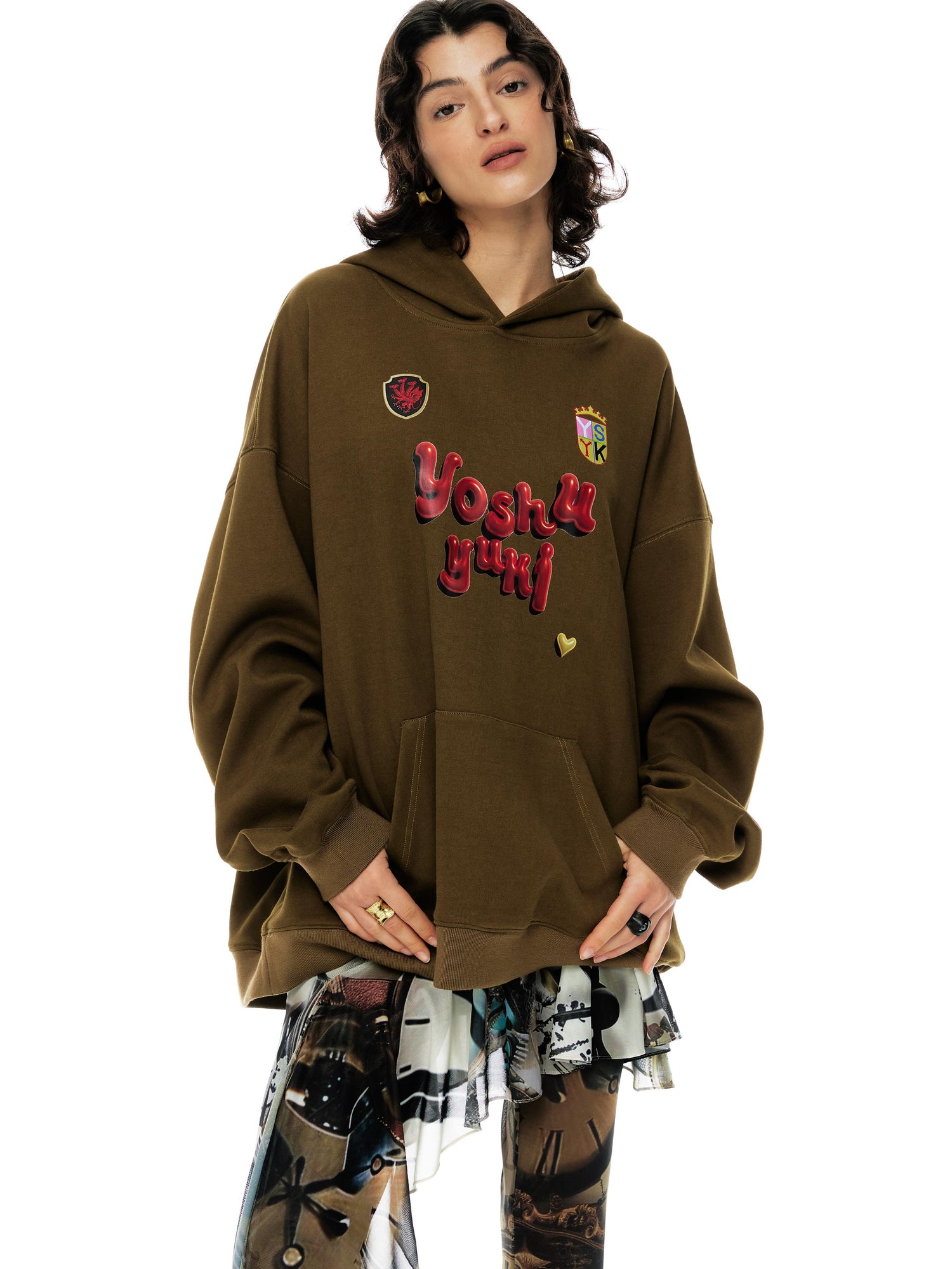 YOSHUYUKI Vintage Oversized Army Green Hoodie With Graphic Print