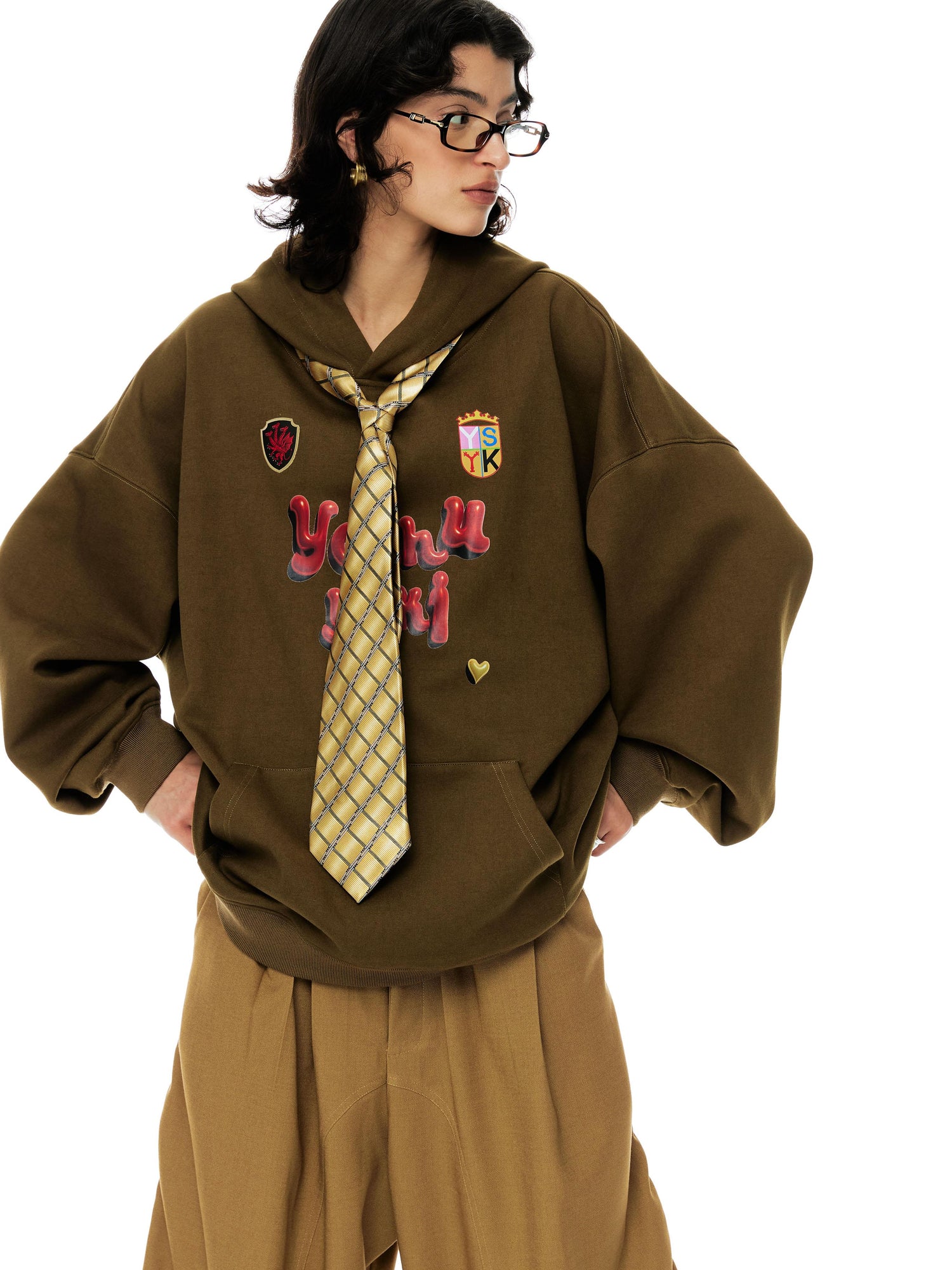 YOSHUYUKI Vintage Oversized Army Green Hoodie With Graphic Print