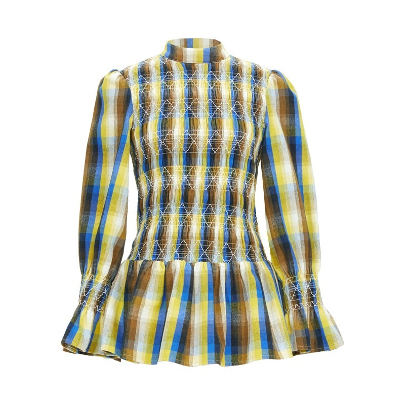 YOSHUYUKI_Vintage_Plaid_Shirred_Ruffle_Trim_Contrast_Long_Sleeve_Women&