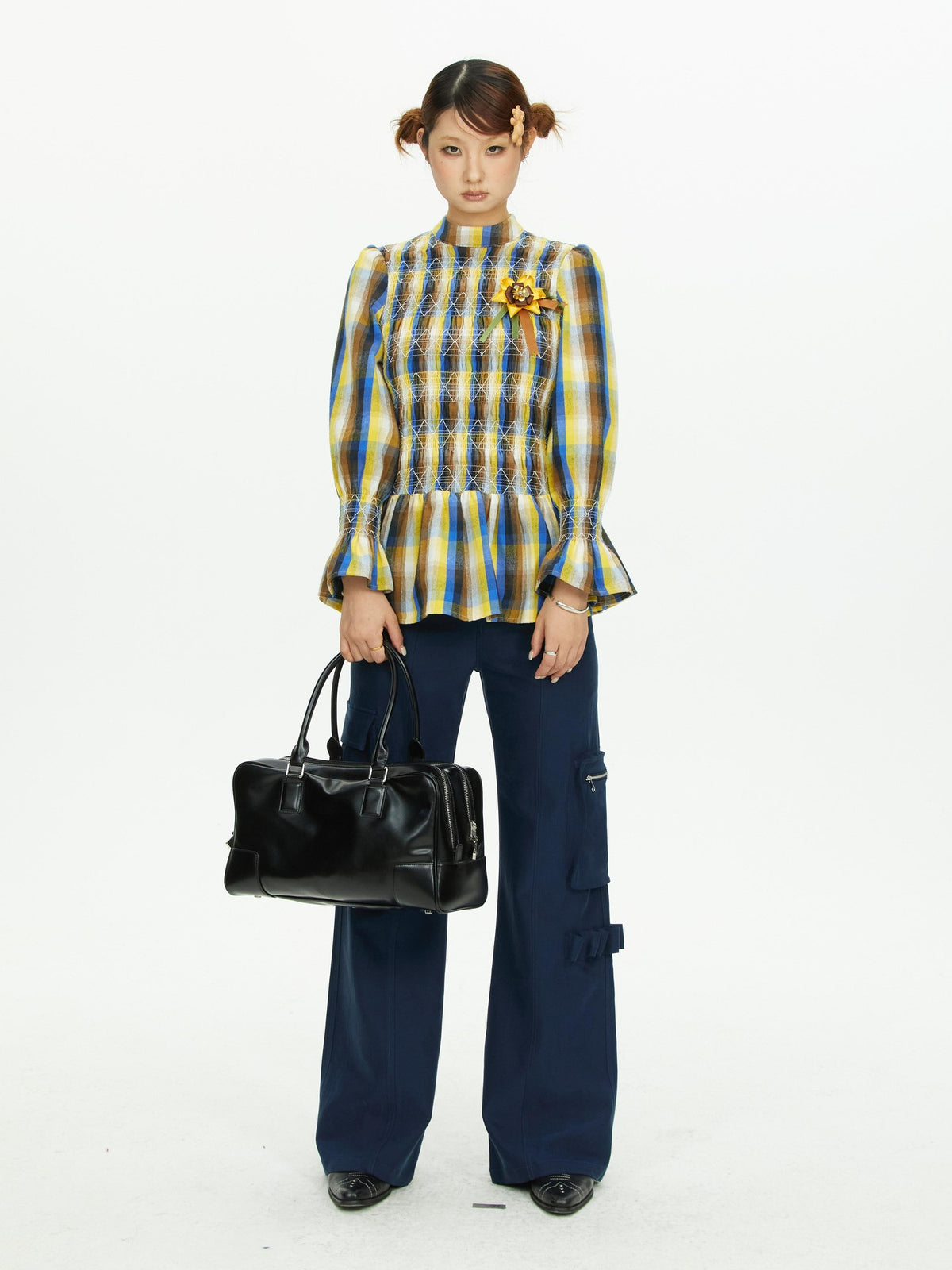 YOSHUYUKI Vintage Plaid Shirred Ruffle Trim Contrast Long Sleeve Women&