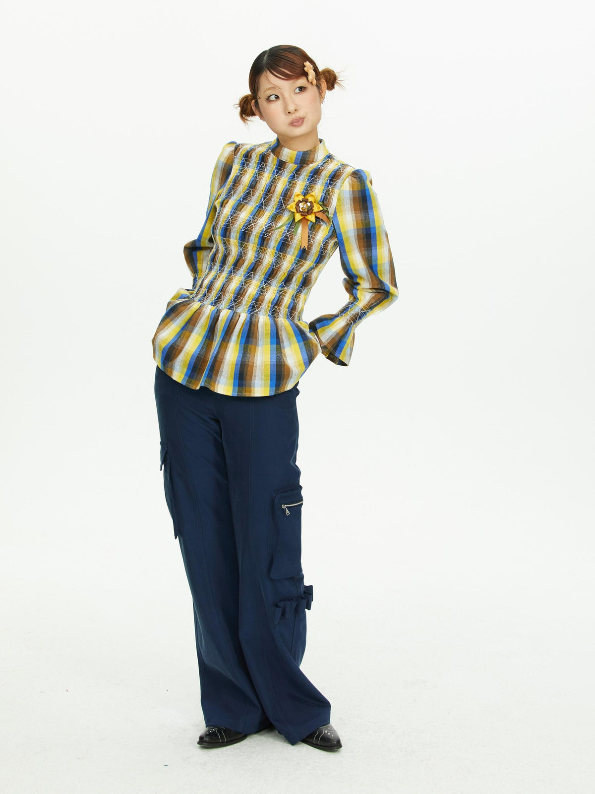 YOSHUYUKI Vintage Plaid Shirred Ruffle Trim Contrast Long Sleeve Women&