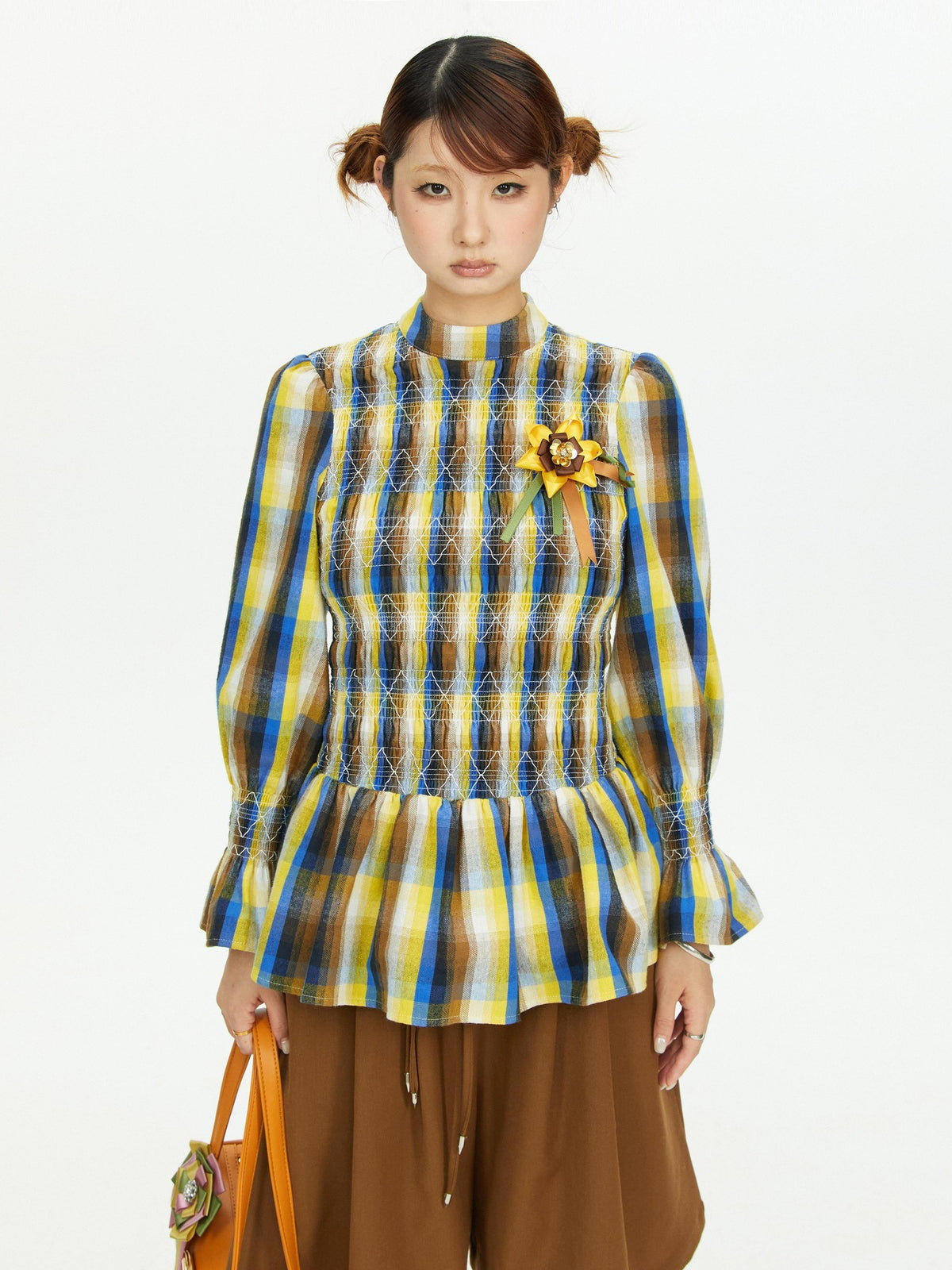 YOSHUYUKI Vintage Plaid Shirred Ruffle Trim Contrast Long Sleeve Women&