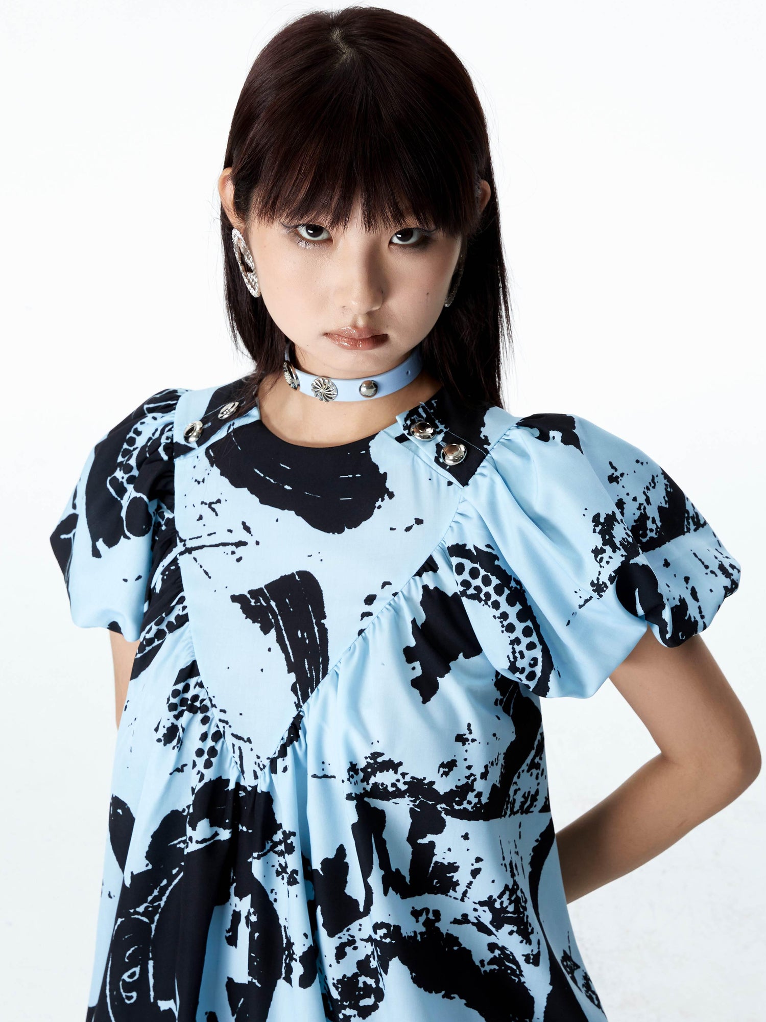 YOSHUYUKI Vintage Punk Blue Leather Collar Choker with Studs