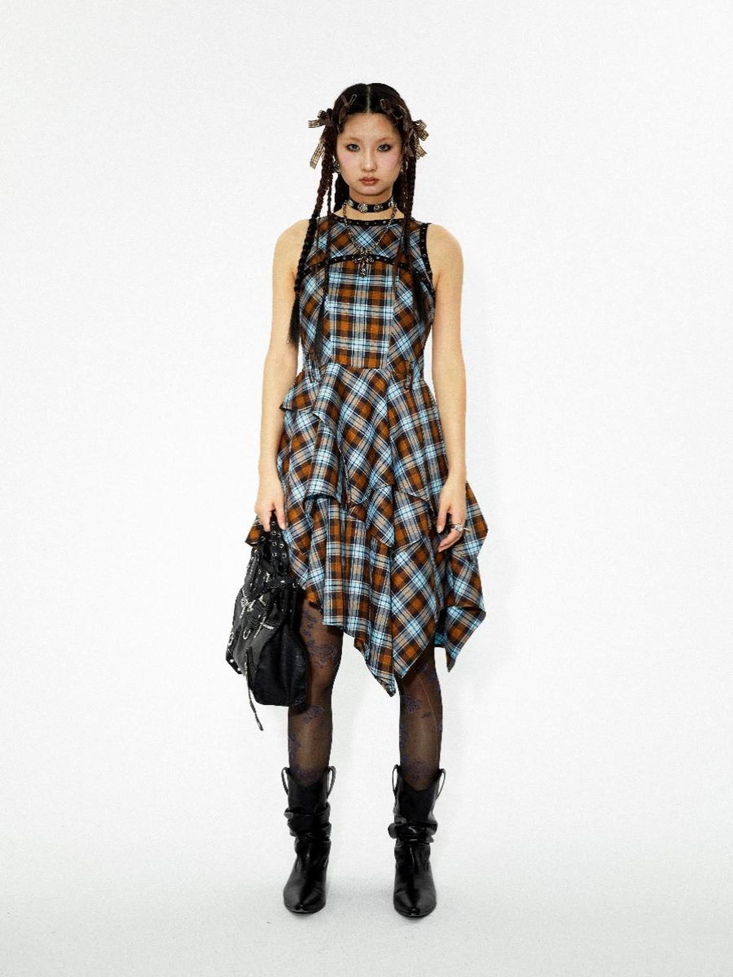YOSHUYUKI Vintage Punk Plaid Asymmetrical Layered Skirt