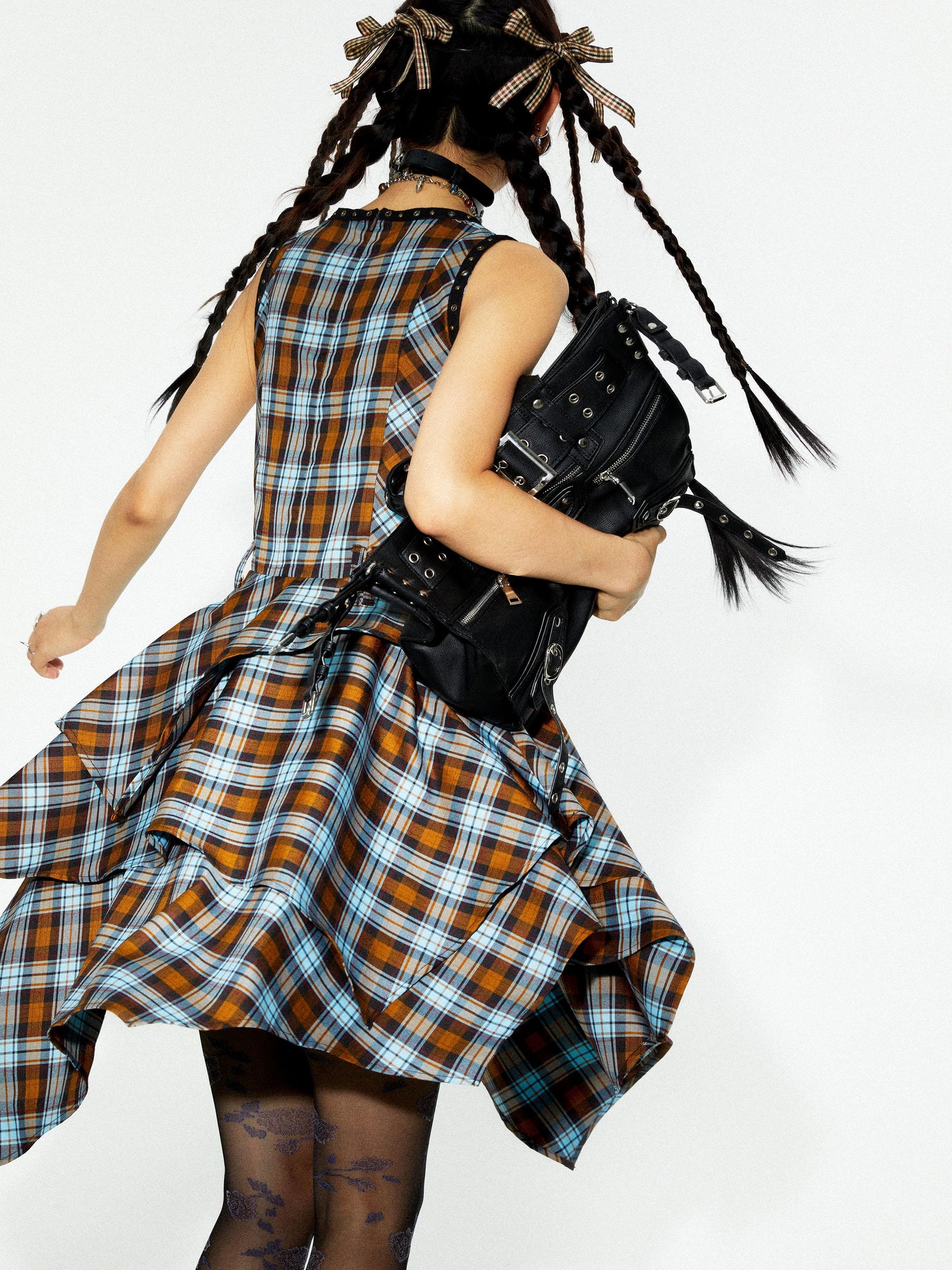 YOSHUYUKI Vintage Punk Plaid Asymmetrical Layered Skirt