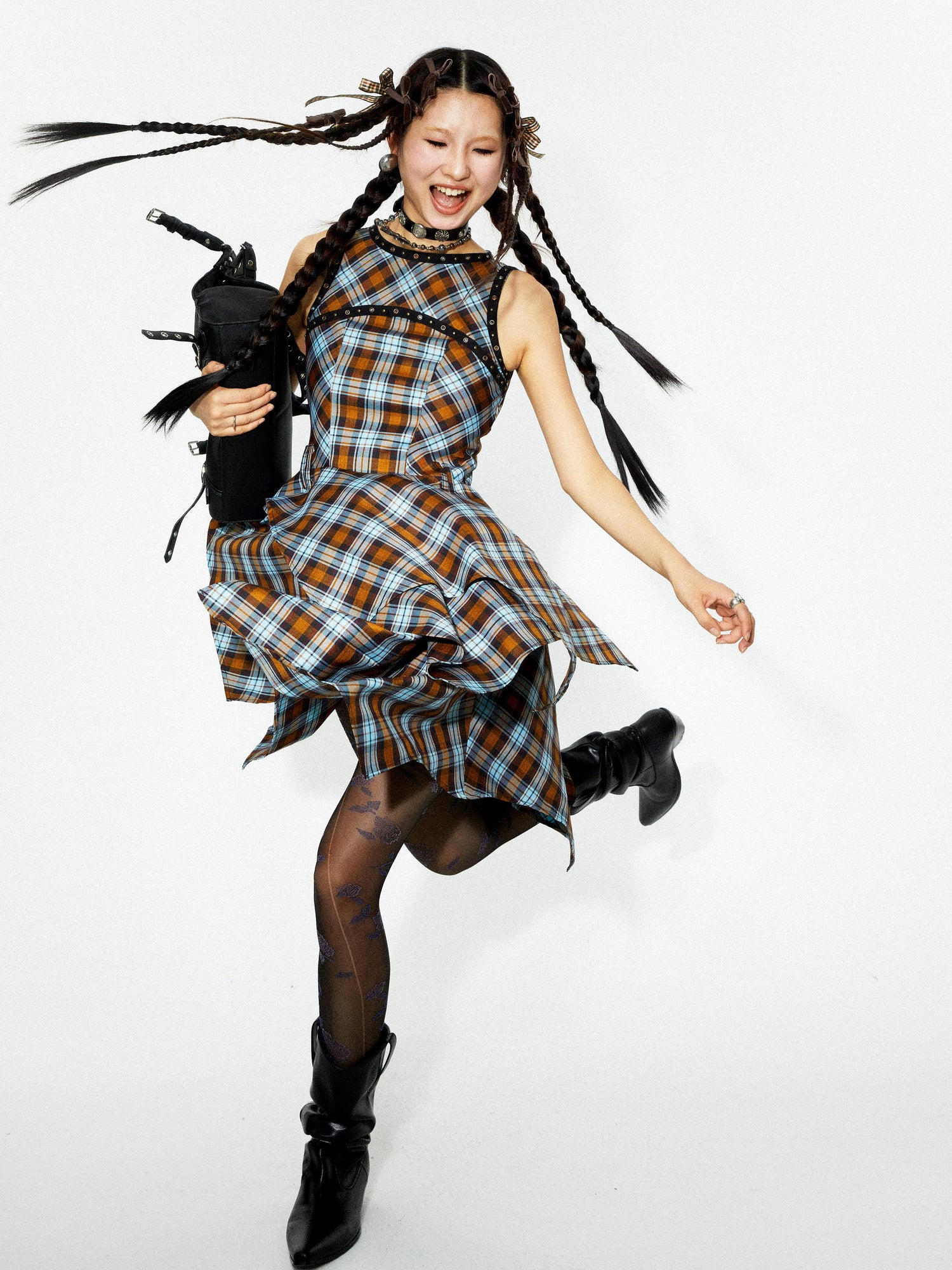 YOSHUYUKI Vintage Punk Plaid Asymmetrical Layered Skirt