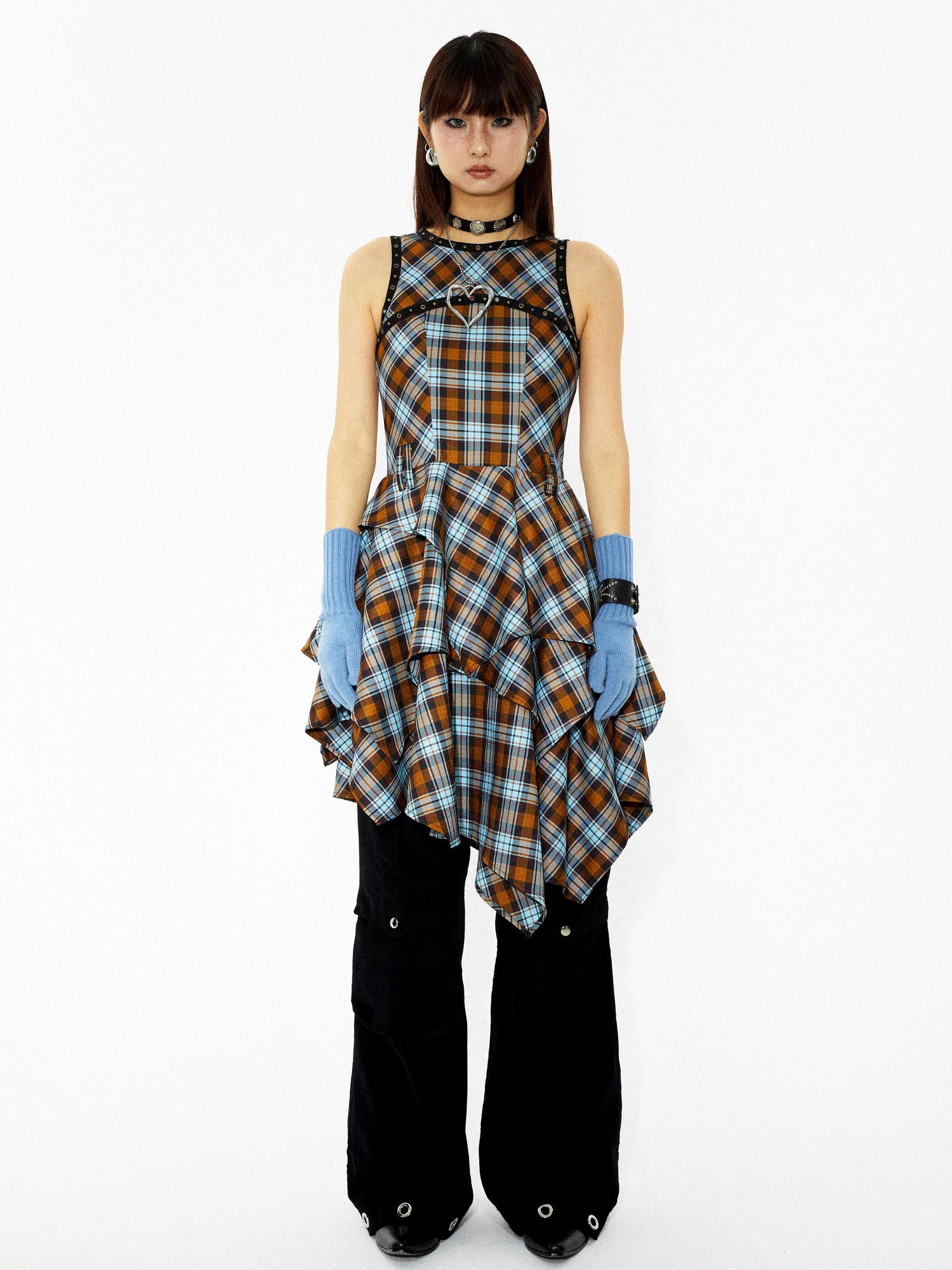YOSHUYUKI Vintage Punk Plaid Asymmetrical Layered Skirt