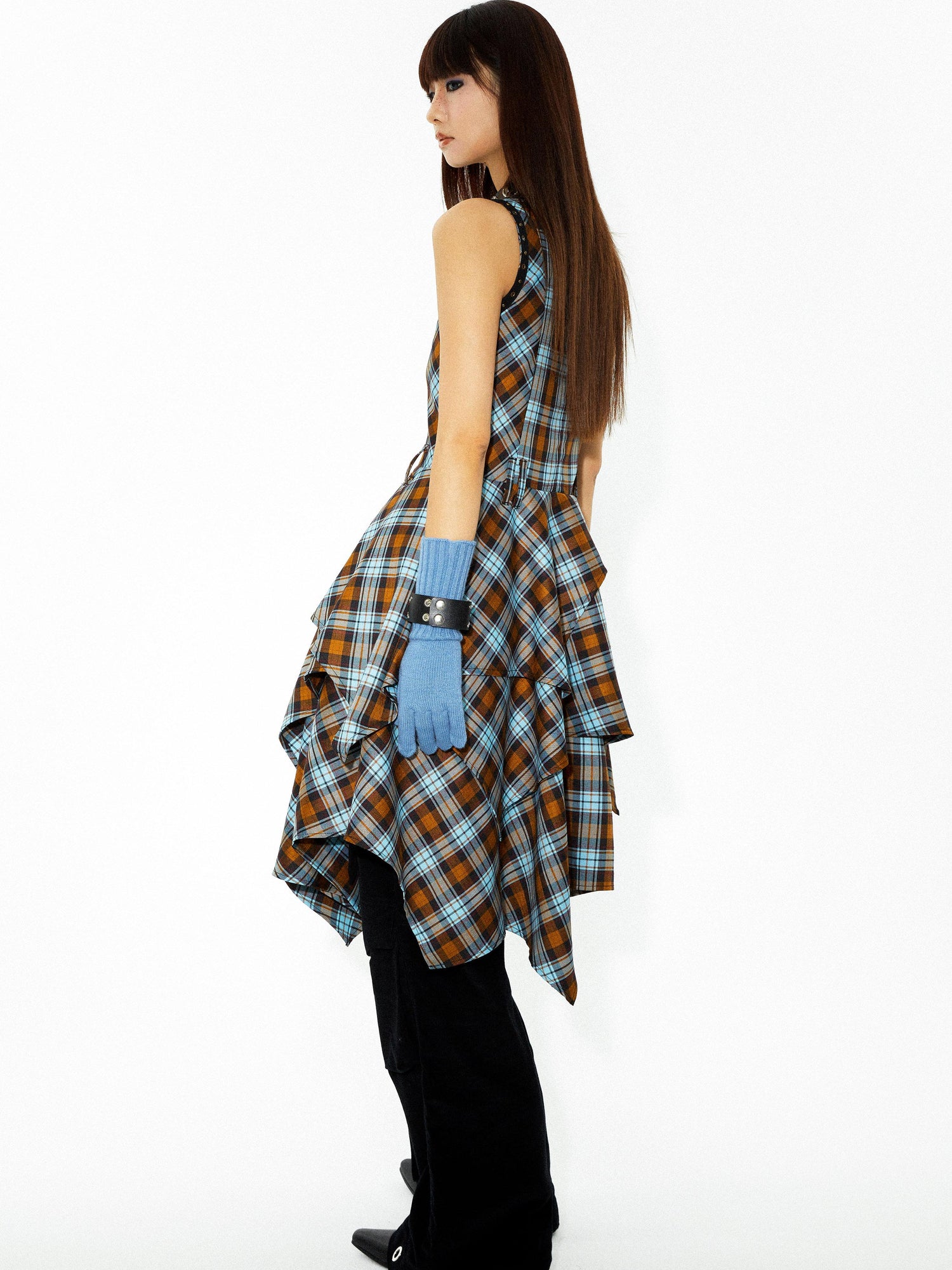 YOSHUYUKI Vintage Punk Plaid Asymmetrical Layered Skirt