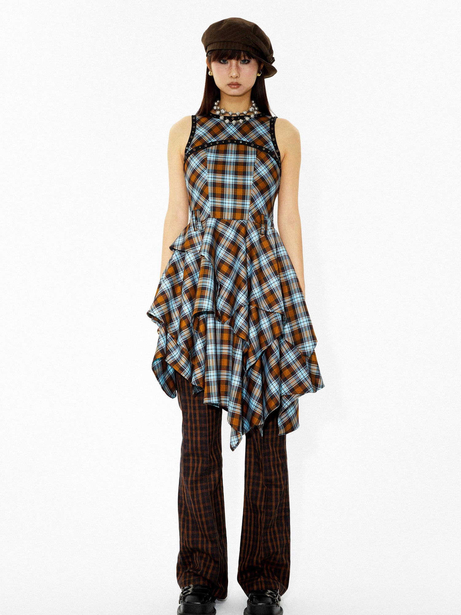 YOSHUYUKI Vintage Punk Plaid Asymmetrical Layered Skirt