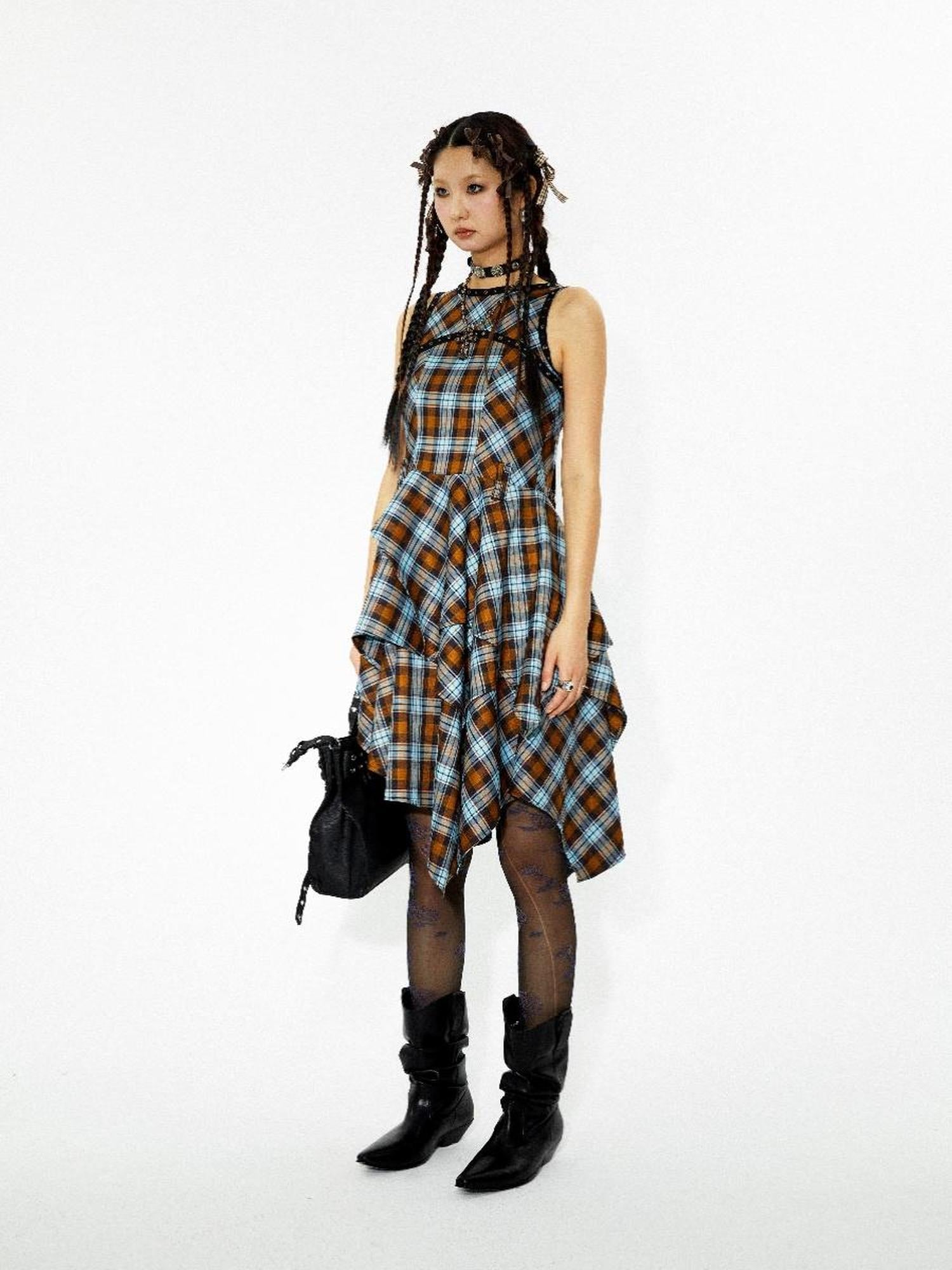 YOSHUYUKI Vintage Punk Plaid Asymmetrical Layered Skirt