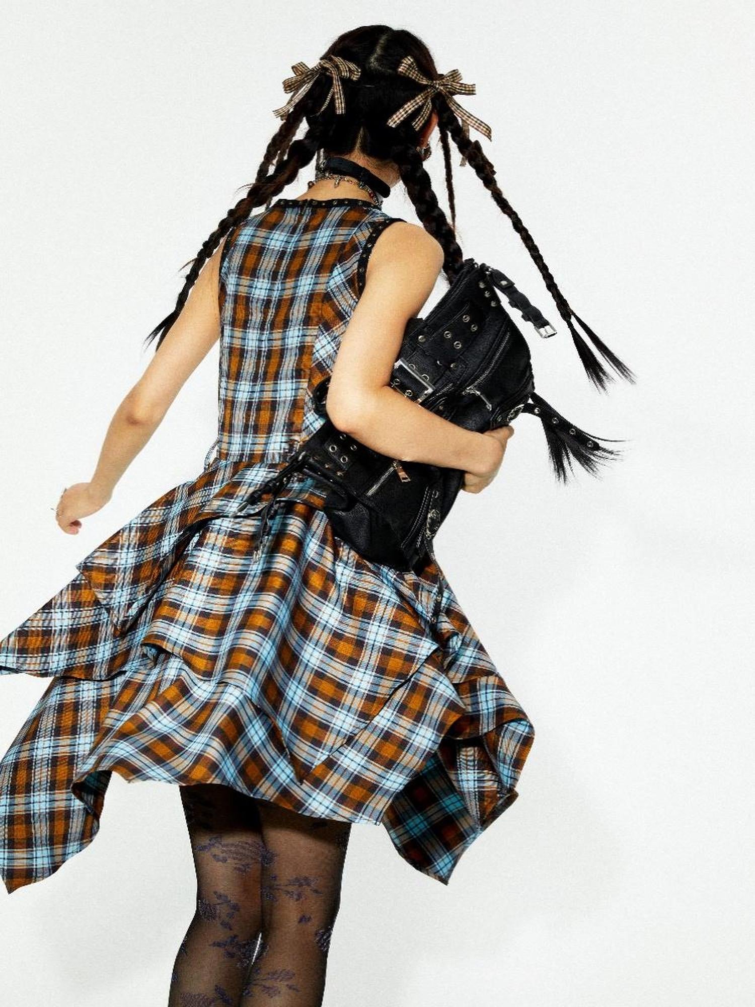 YOSHUYUKI Vintage Punk Plaid Asymmetrical Layered Skirt