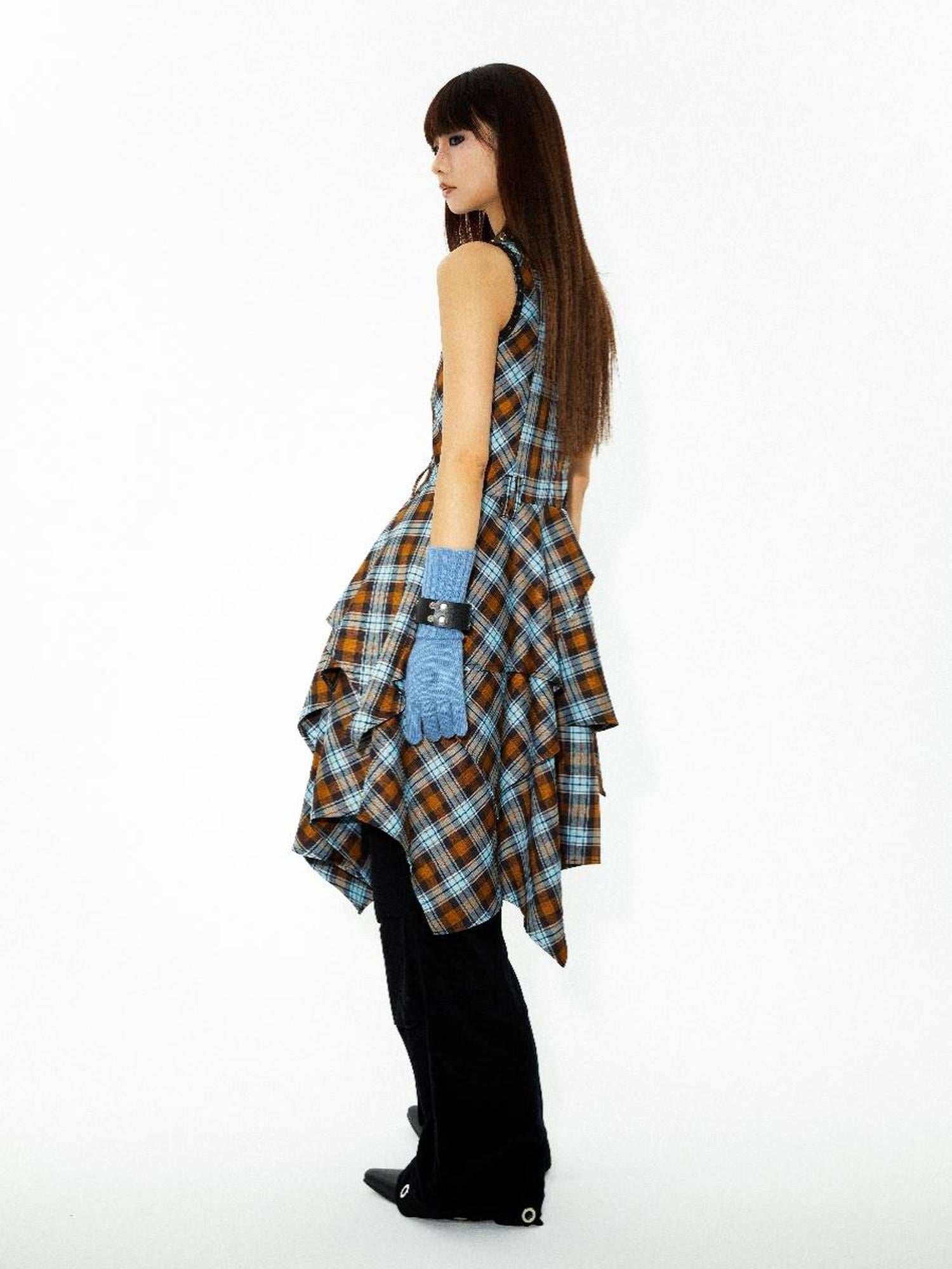 YOSHUYUKI Vintage Punk Plaid Asymmetrical Layered Skirt