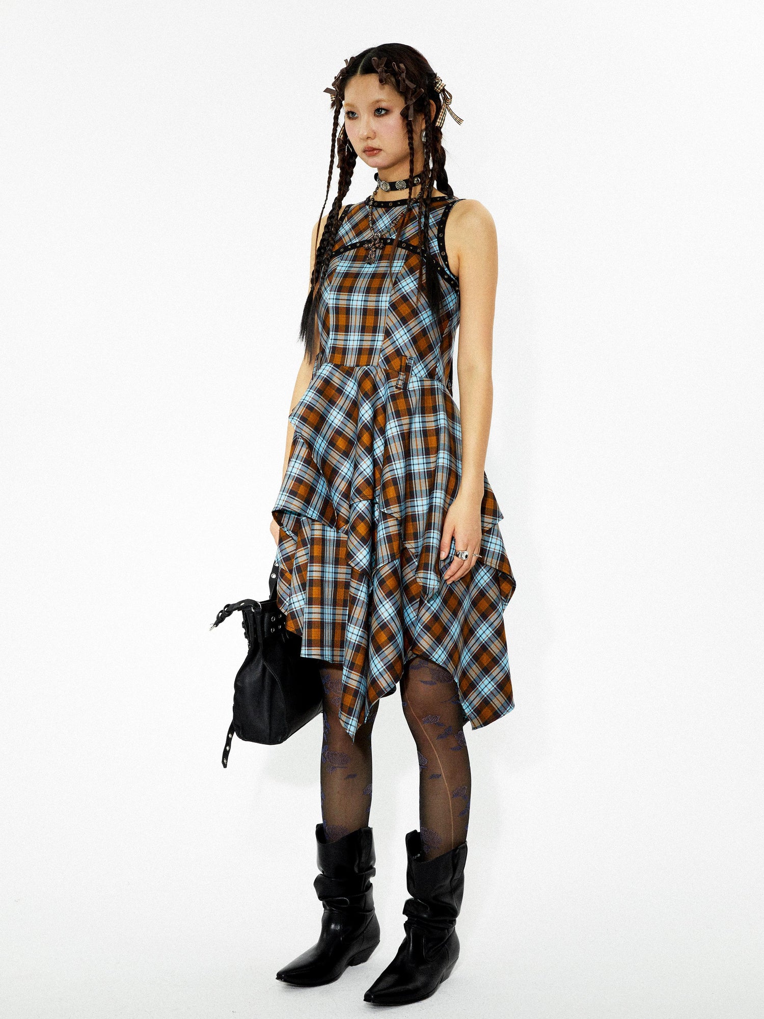YOSHUYUKI Vintage Punk Plaid Asymmetrical Layered Skirt