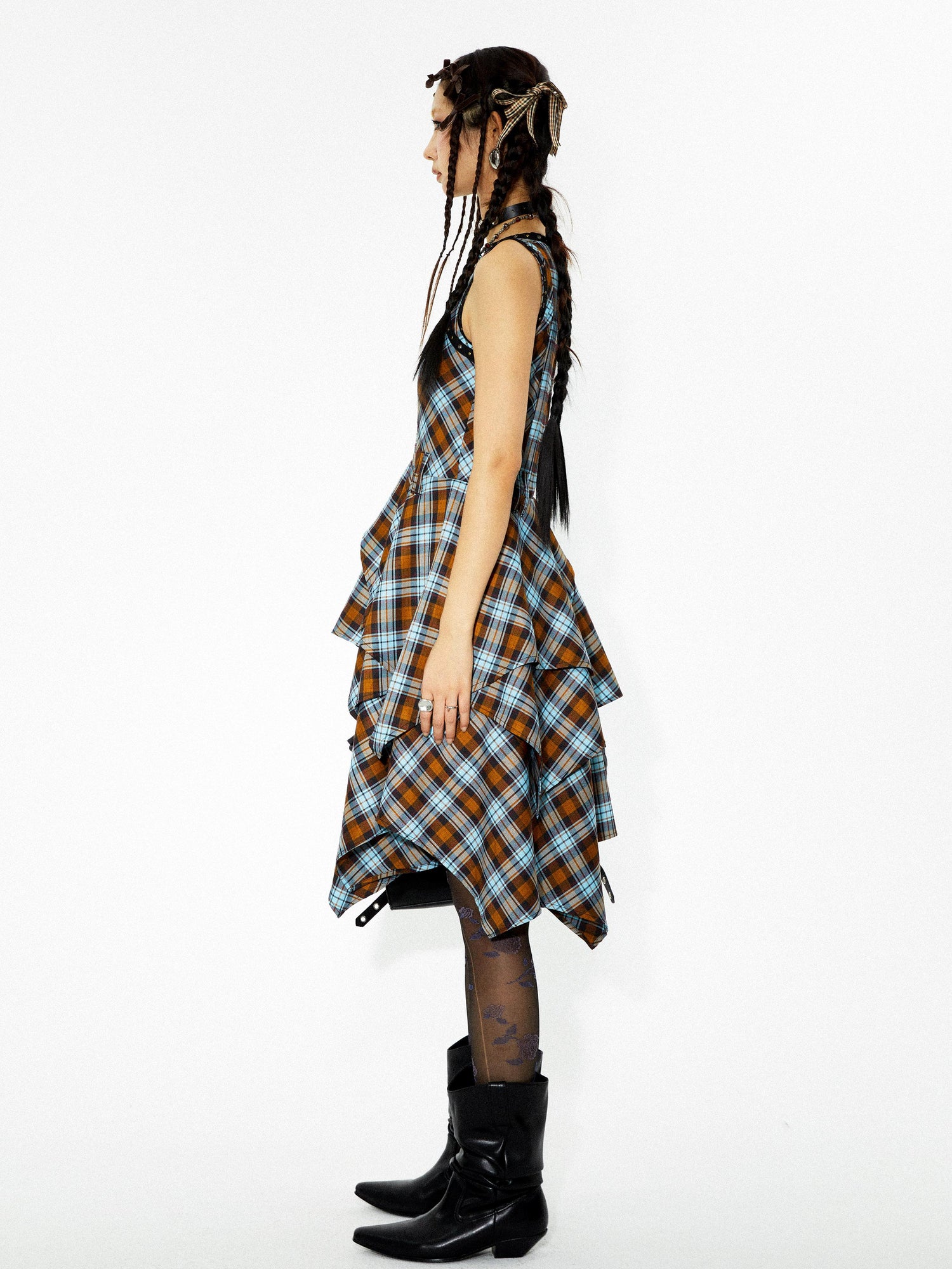 YOSHUYUKI Vintage Punk Plaid Asymmetrical Layered Skirt