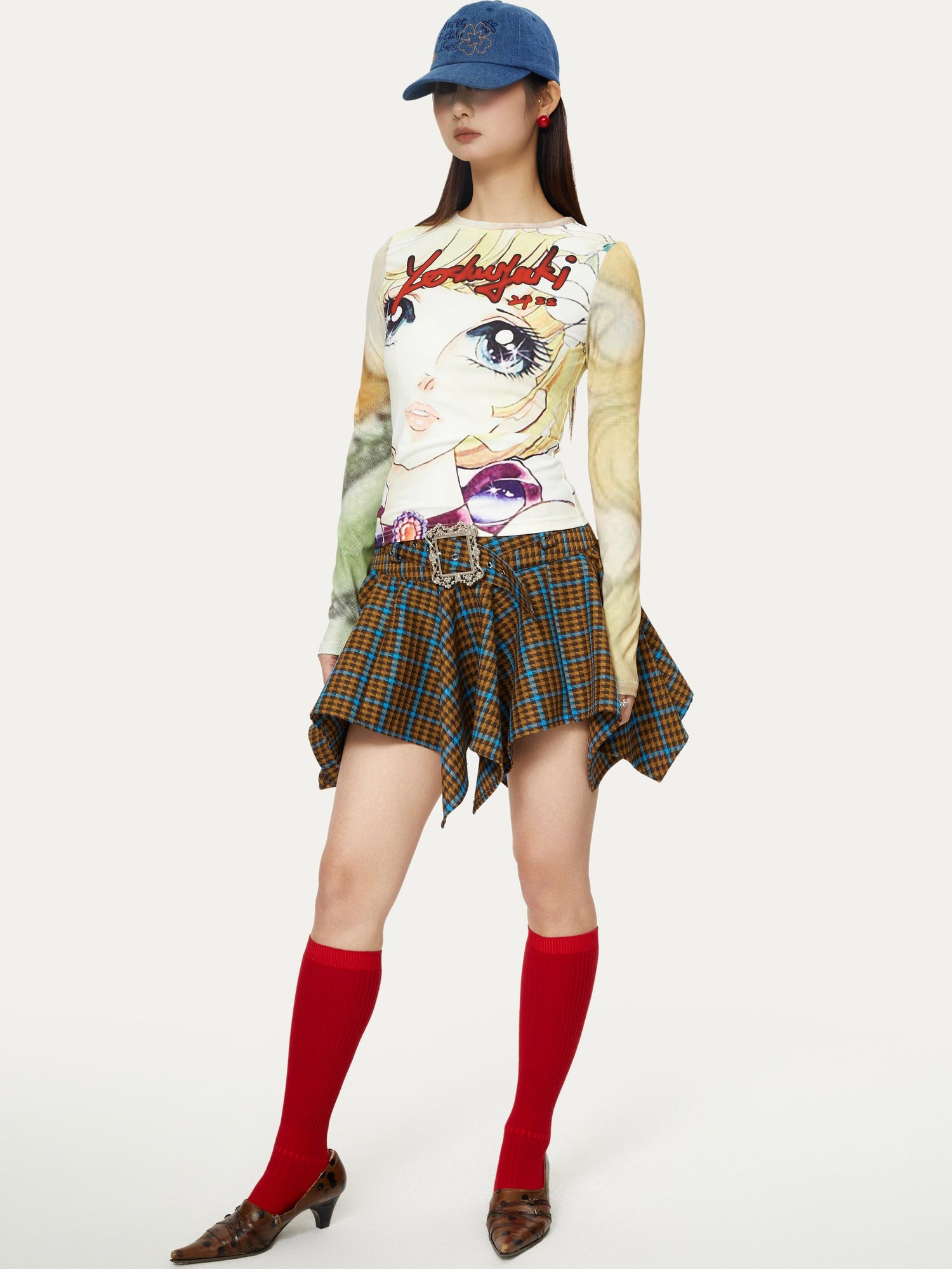YOSHUYUKI Vintage Punk Plaid Drop Waist Asymmetrical Skirt