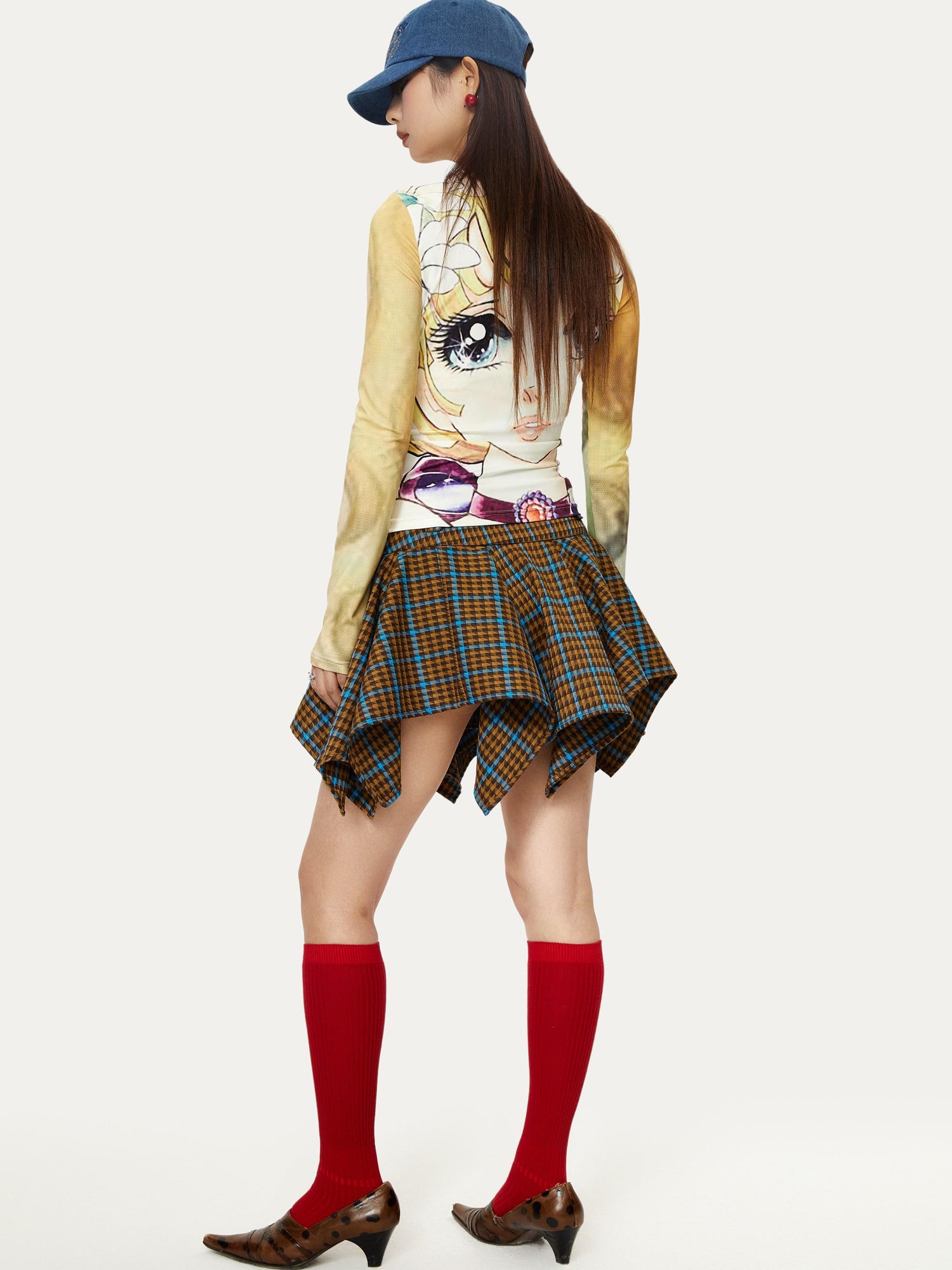 YOSHUYUKI Vintage Punk Plaid Drop Waist Asymmetrical Skirt