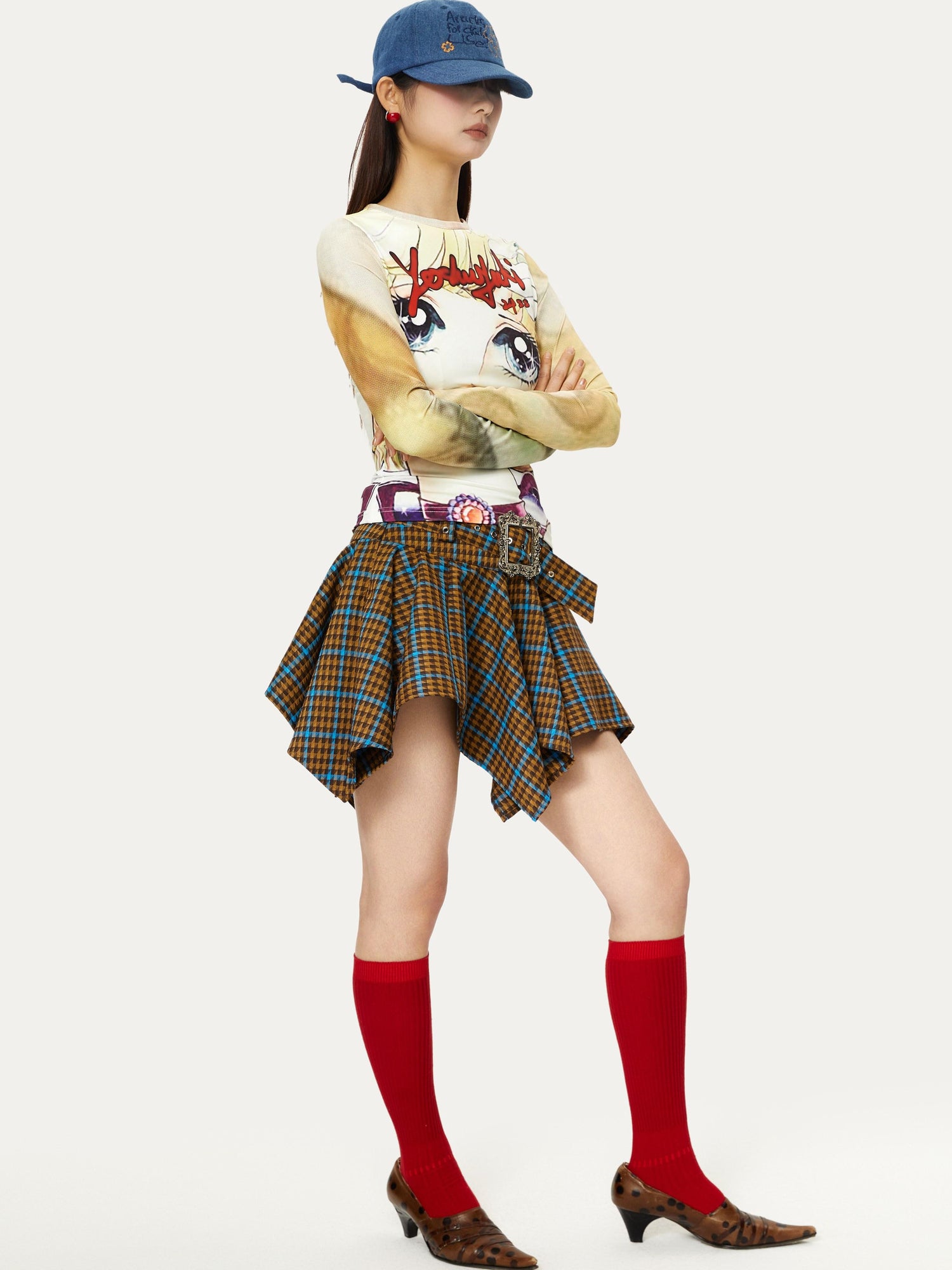 YOSHUYUKI Vintage Punk Plaid Drop Waist Asymmetrical Skirt