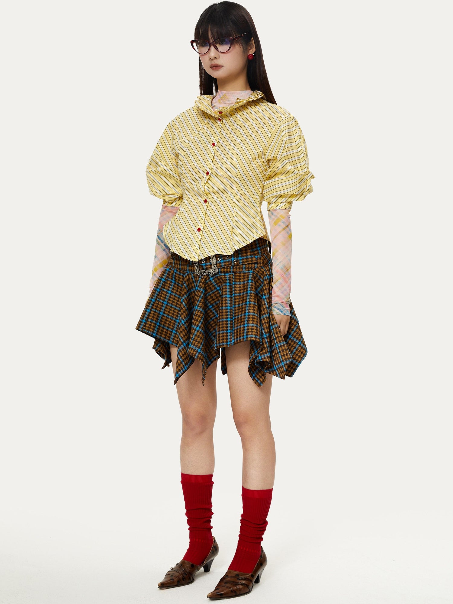 YOSHUYUKI Vintage Punk Plaid Drop Waist Asymmetrical Skirt