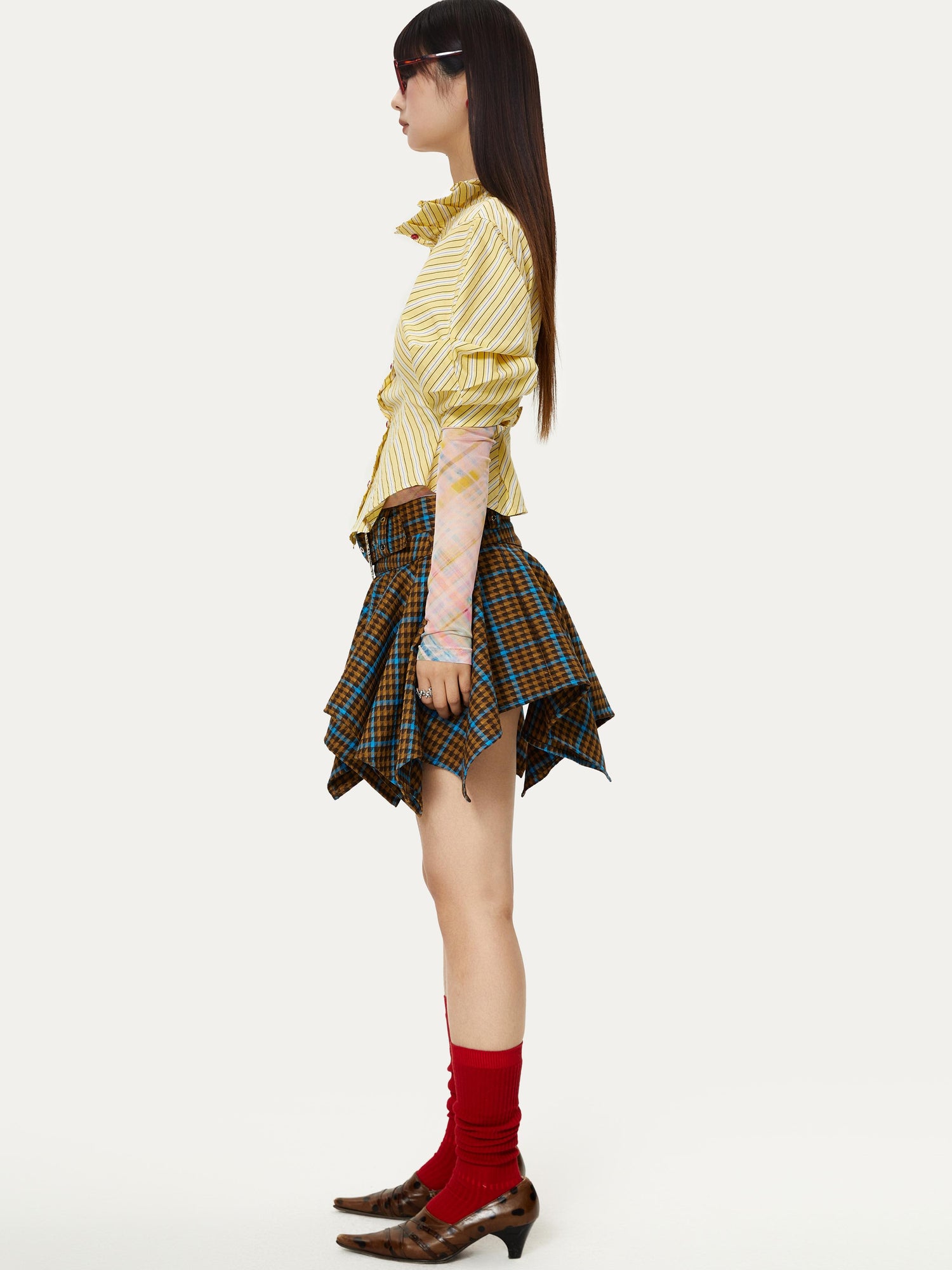 YOSHUYUKI Vintage Punk Plaid Drop Waist Asymmetrical Skirt