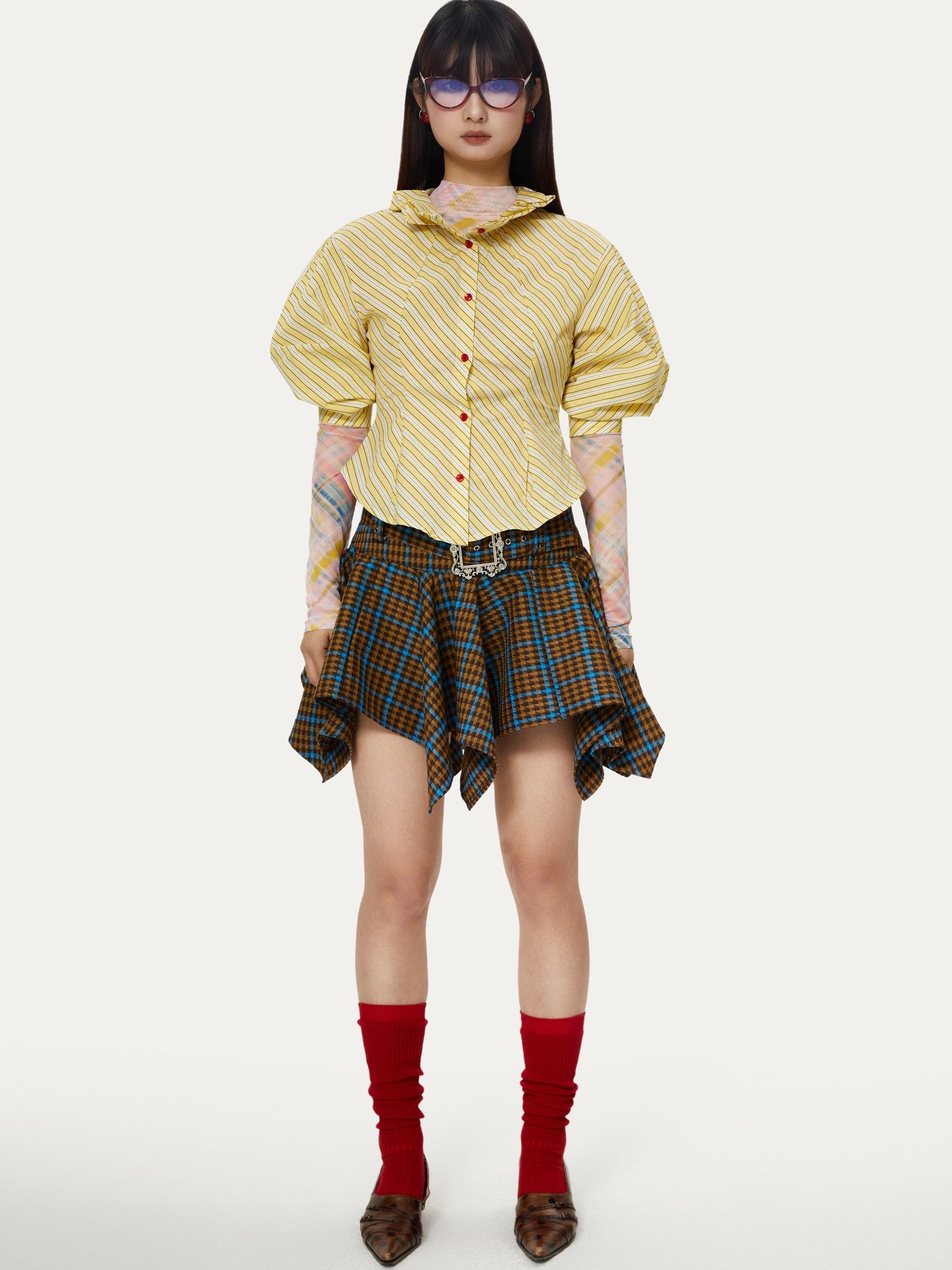 YOSHUYUKI Vintage Punk Plaid Drop Waist Asymmetrical Skirt