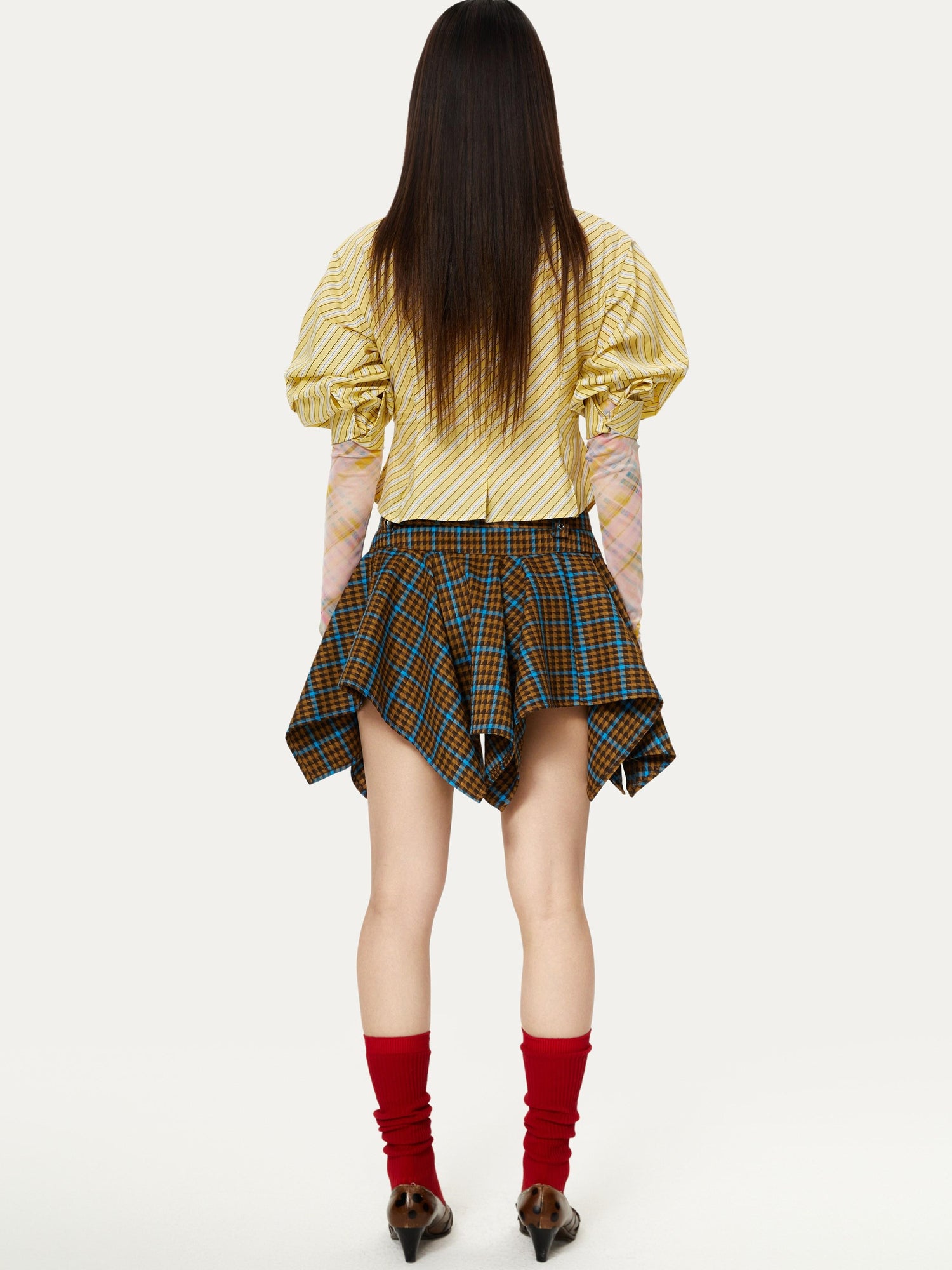 YOSHUYUKI Vintage Punk Plaid Drop Waist Asymmetrical Skirt