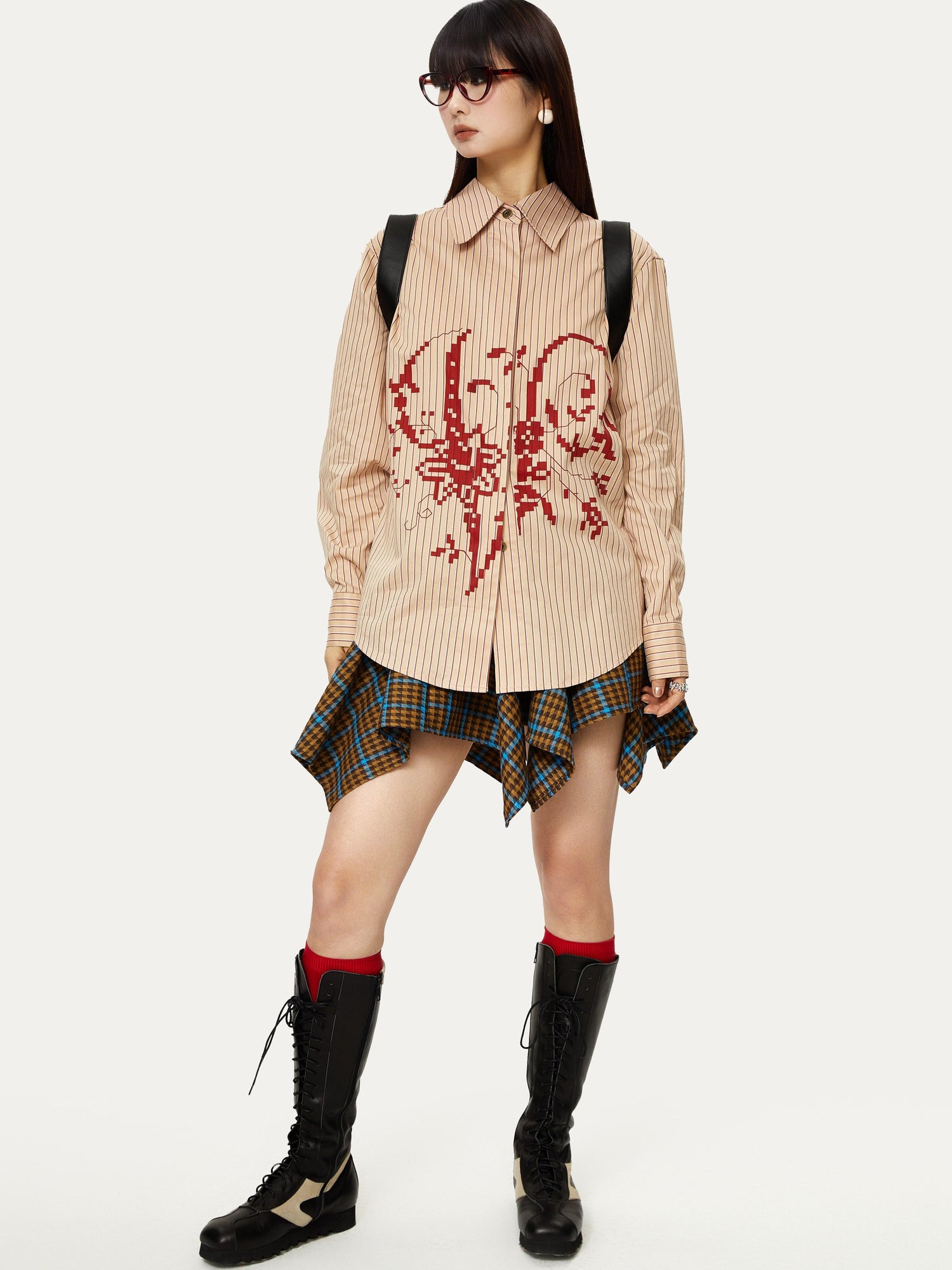 YOSHUYUKI Vintage Punk Plaid Drop Waist Asymmetrical Skirt