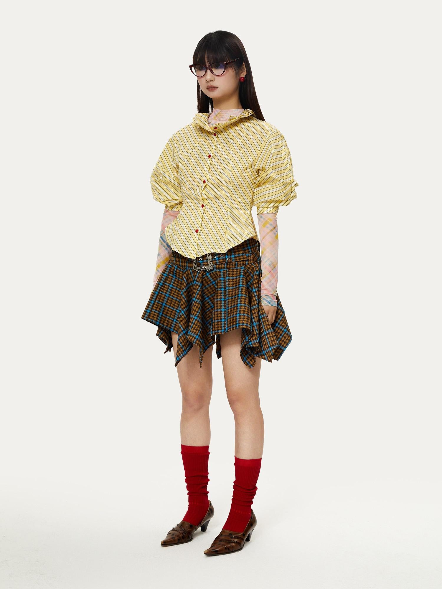YOSHUYUKI Vintage Punk Plaid Drop Waist Asymmetrical Skirt